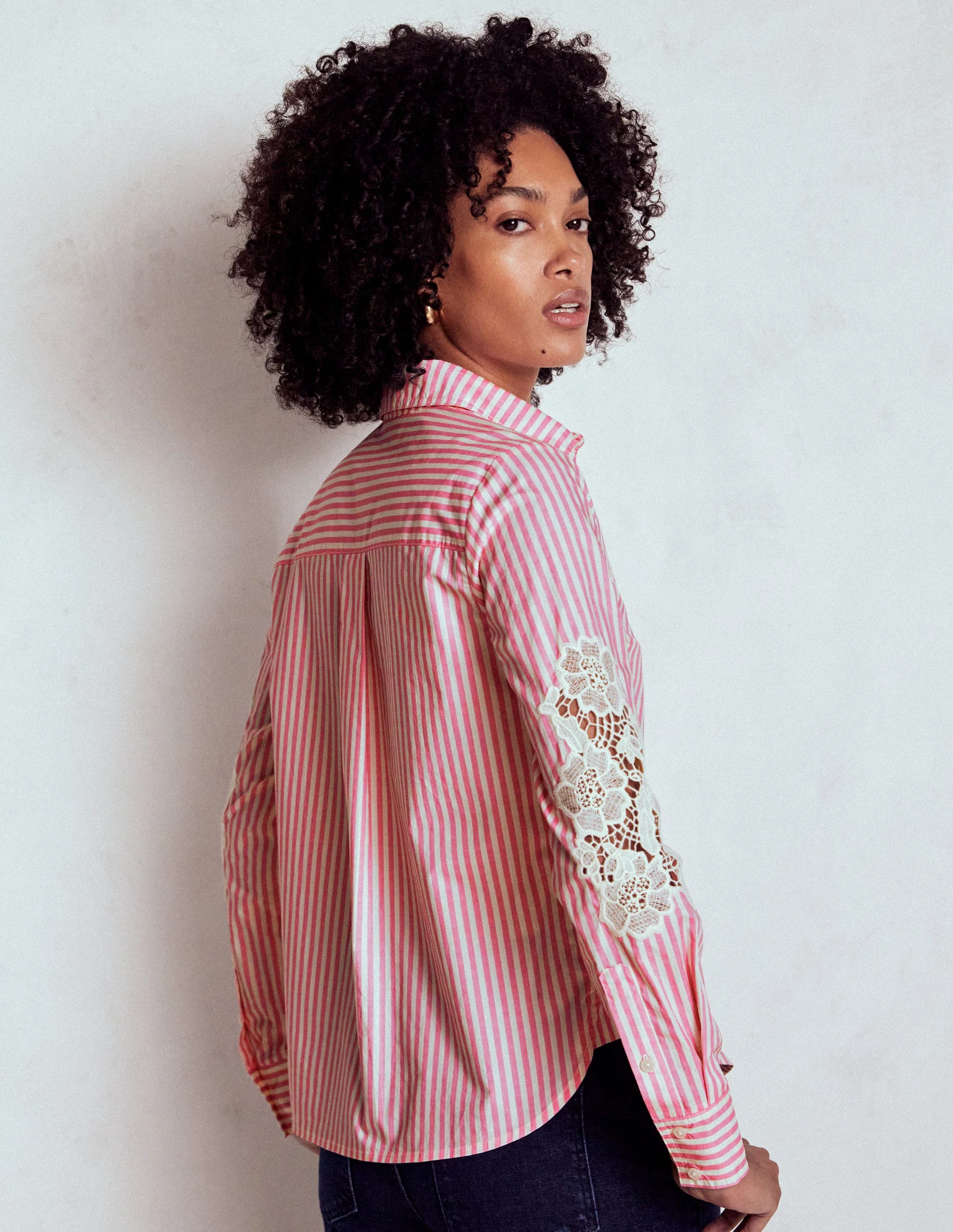 Sienna Interest Cotton Shirt-Pink and Ivory Cutwork Stripe - Image 3