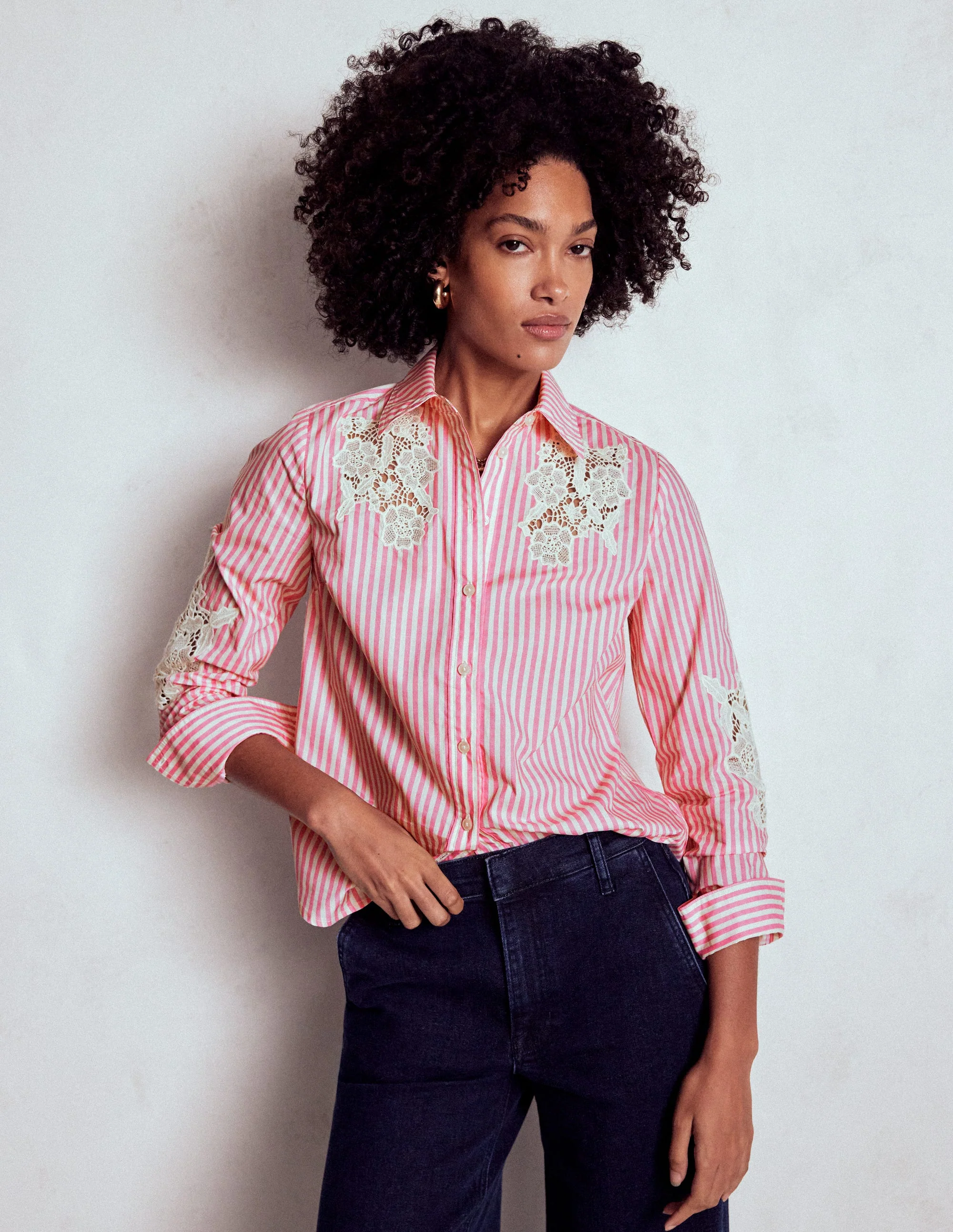 Sienna Interest Cotton Shirt-Pink and Ivory Cutwork Stripe - Image 4