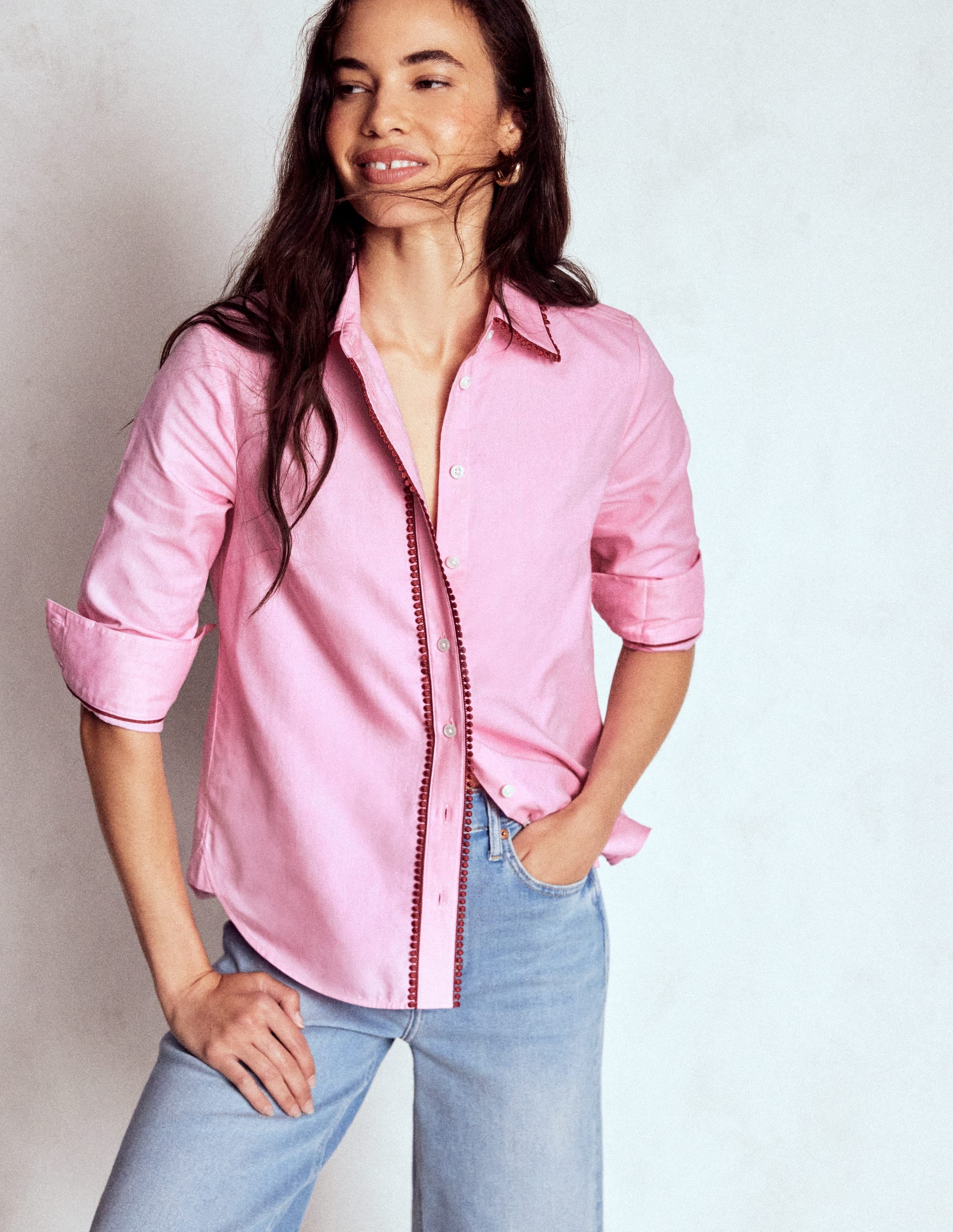 Sienna Interest Cotton Shirt-Pink, Pom Trim - Image 4