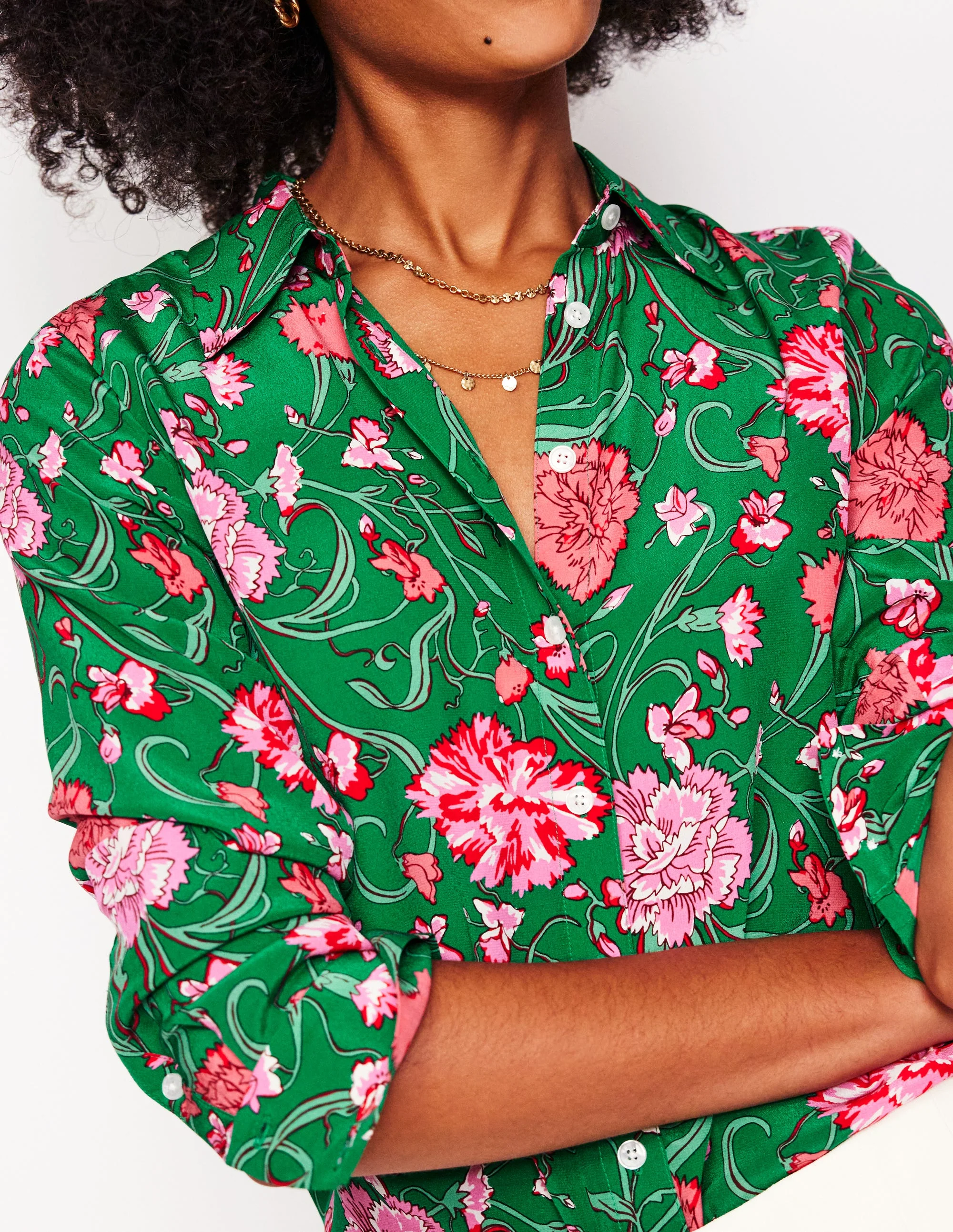 Sienna Silk Shirt-Rich emerald, Carnation Vine - Image 3