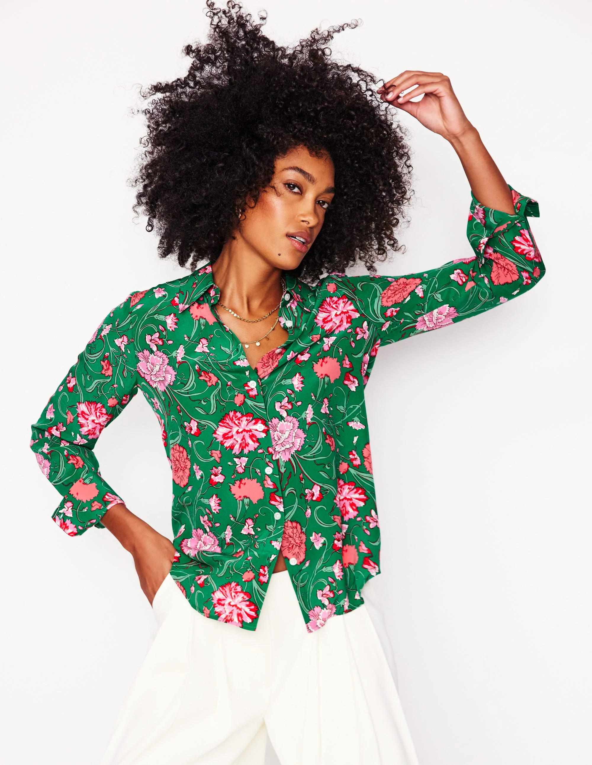 Sienna Silk Shirt-Rich emerald, Carnation Vine - Image 5