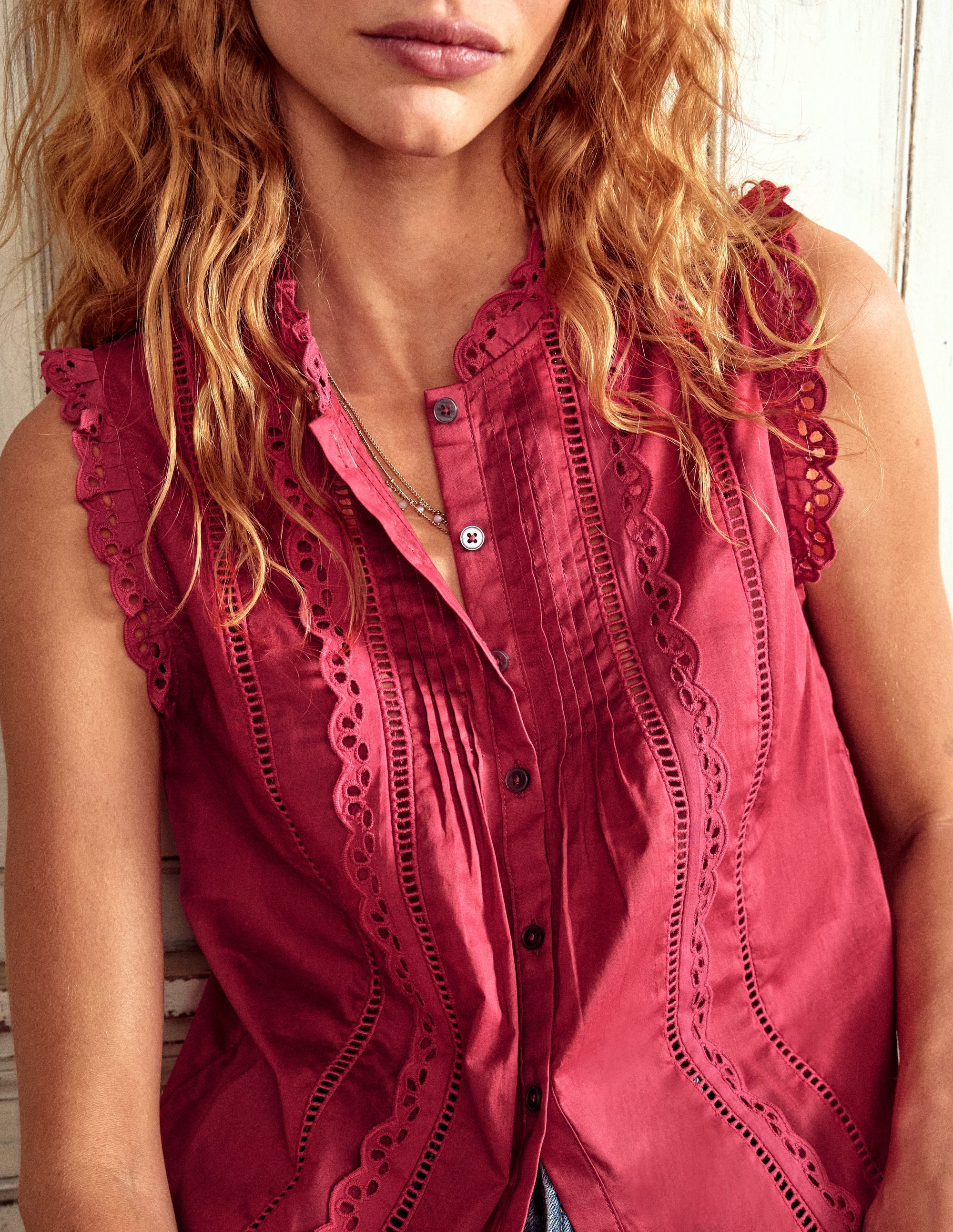 Sleeveless Broderie Top-Terracotta Red - Image 2