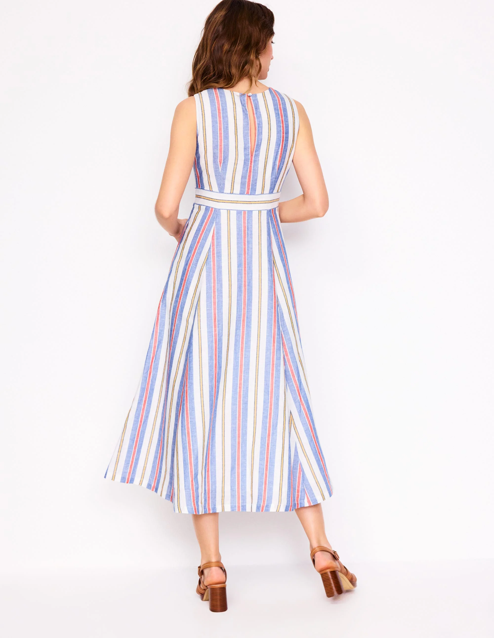 Sleeveless Linen Blend Dress-Bright Blue and Brown Stripe - Image 3