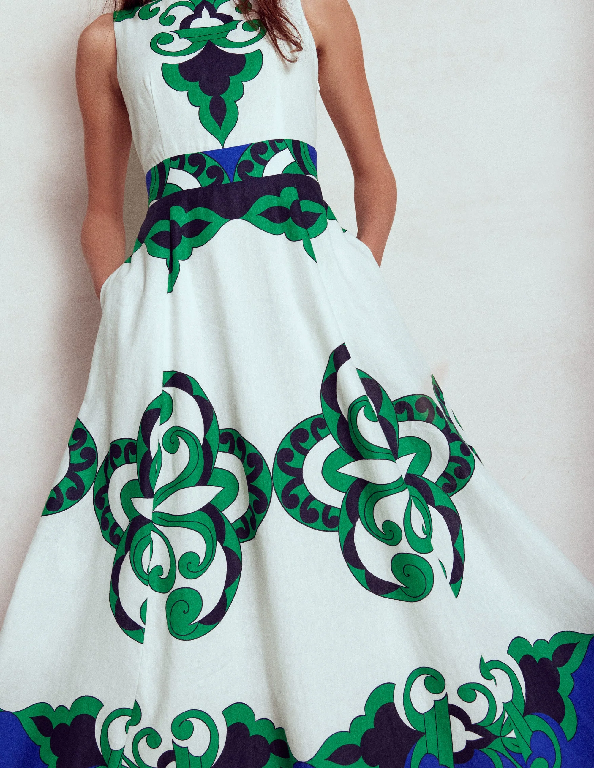 Sleeveless Linen Blend Dress-Ivory, Ornate Reflection - Image 3