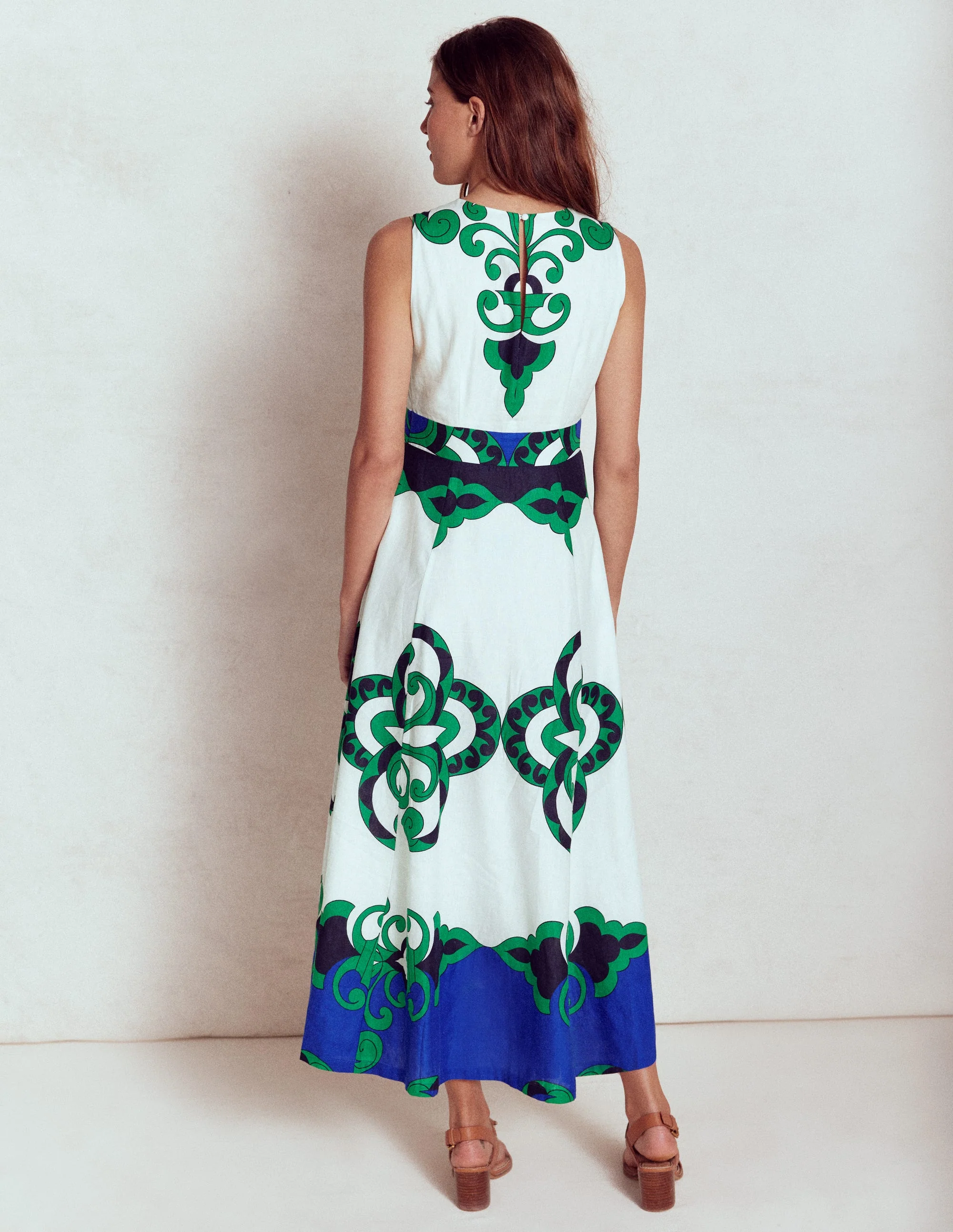 Sleeveless Linen Blend Dress-Ivory, Ornate Reflection - Image 5