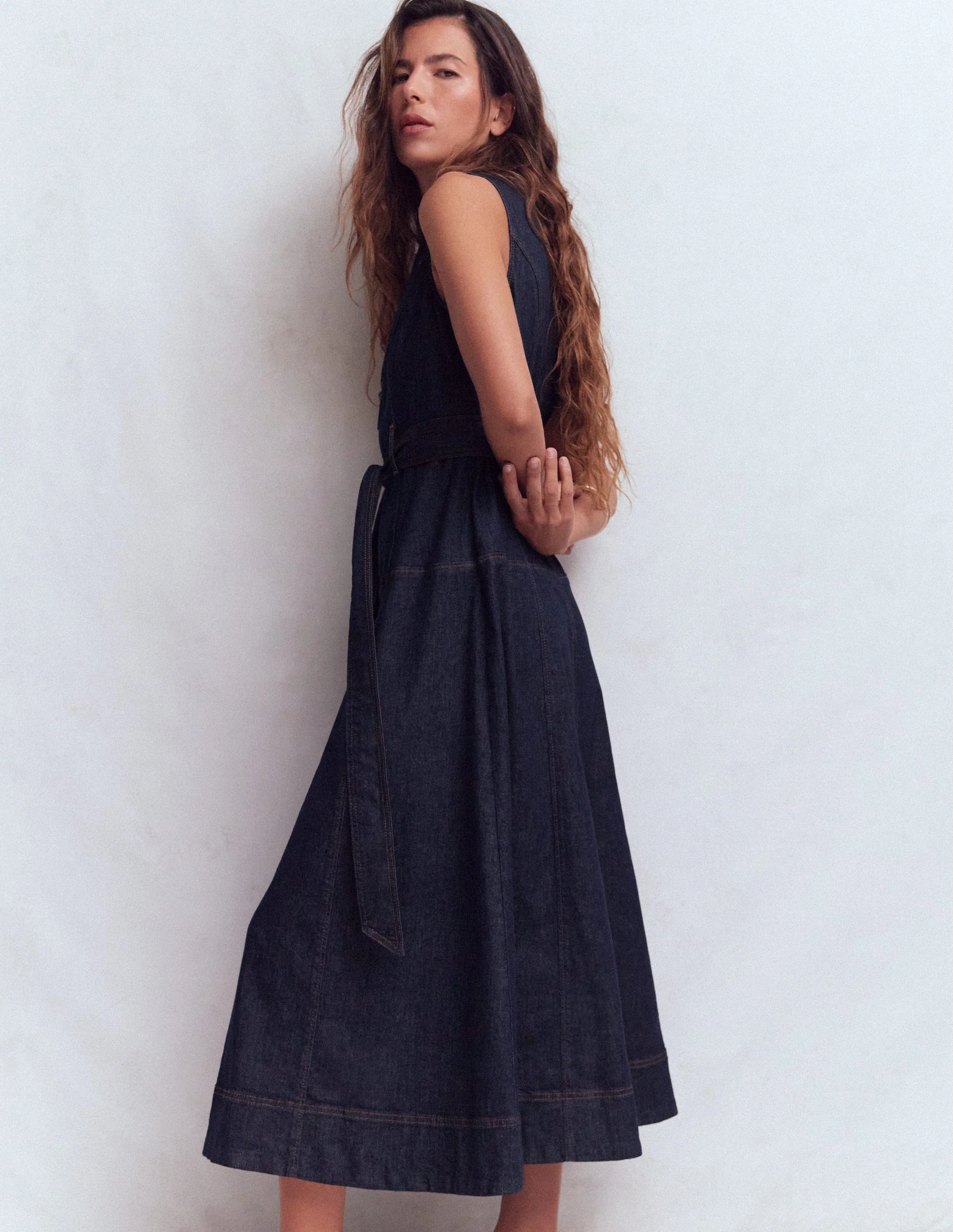 Sleeveless Zip Denim Dress-Indigo Wash - Image 4