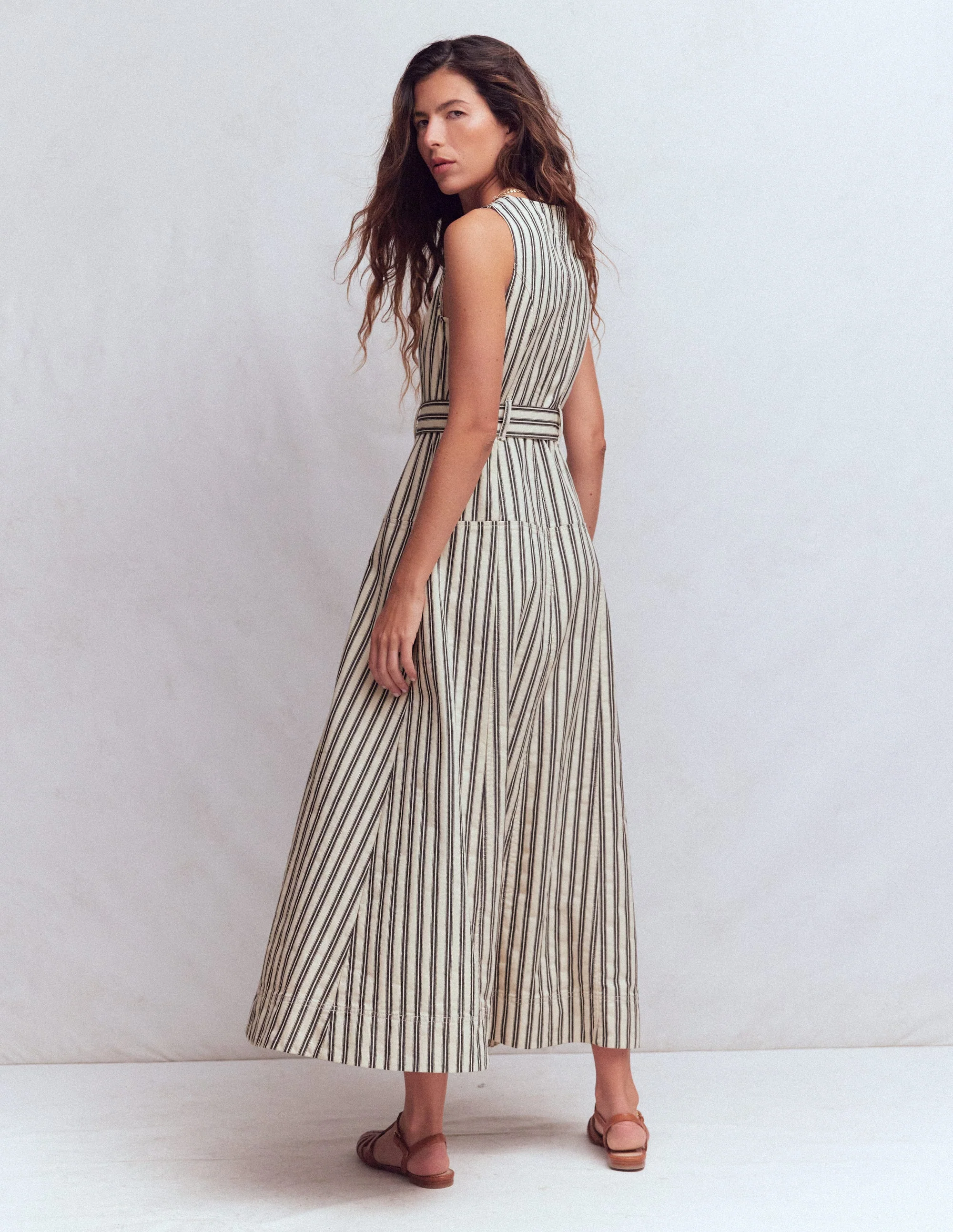 Sleeveless Zip Denim Dress-Ivory and Navy Stripe - Image 3