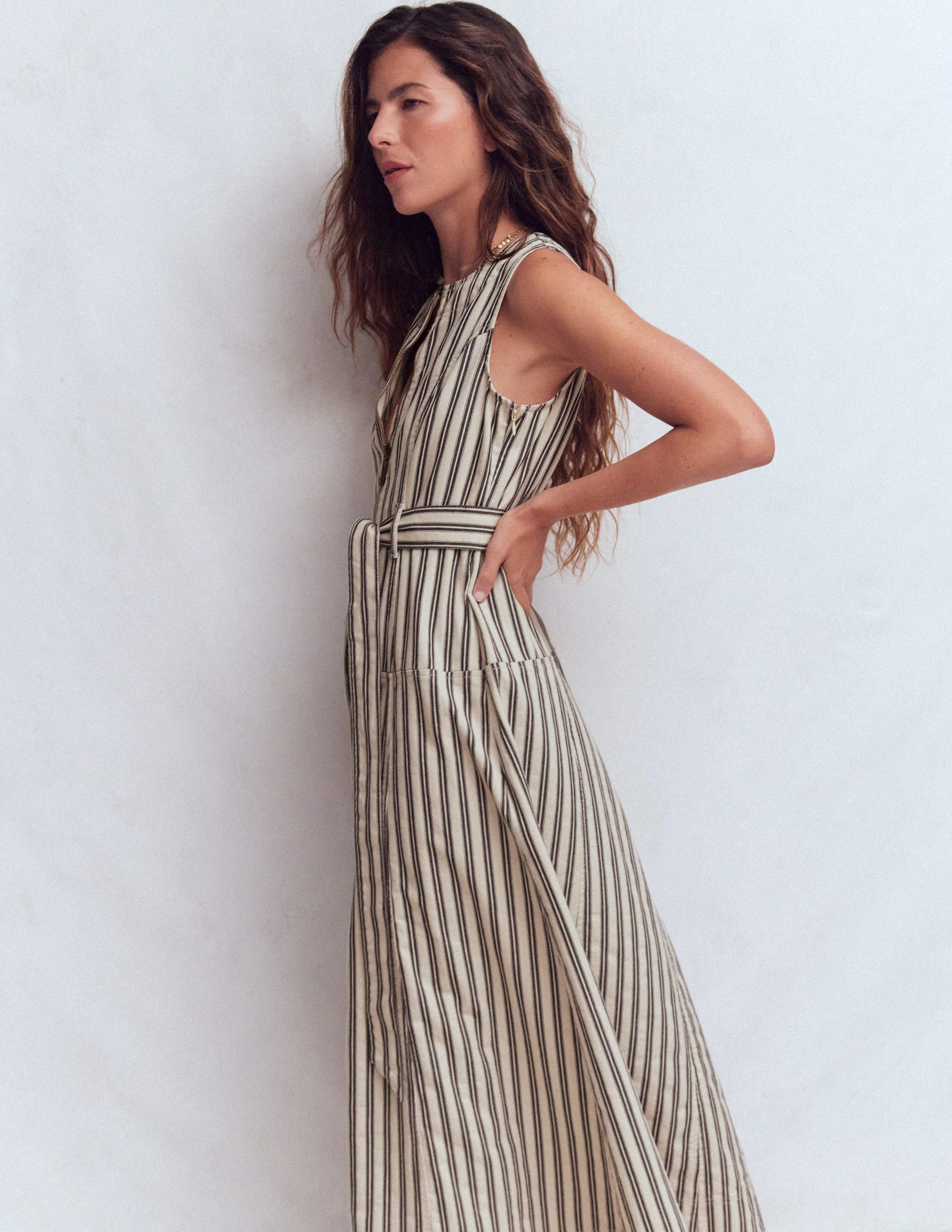 Sleeveless Zip Denim Dress-Ivory and Navy Stripe - Image 4