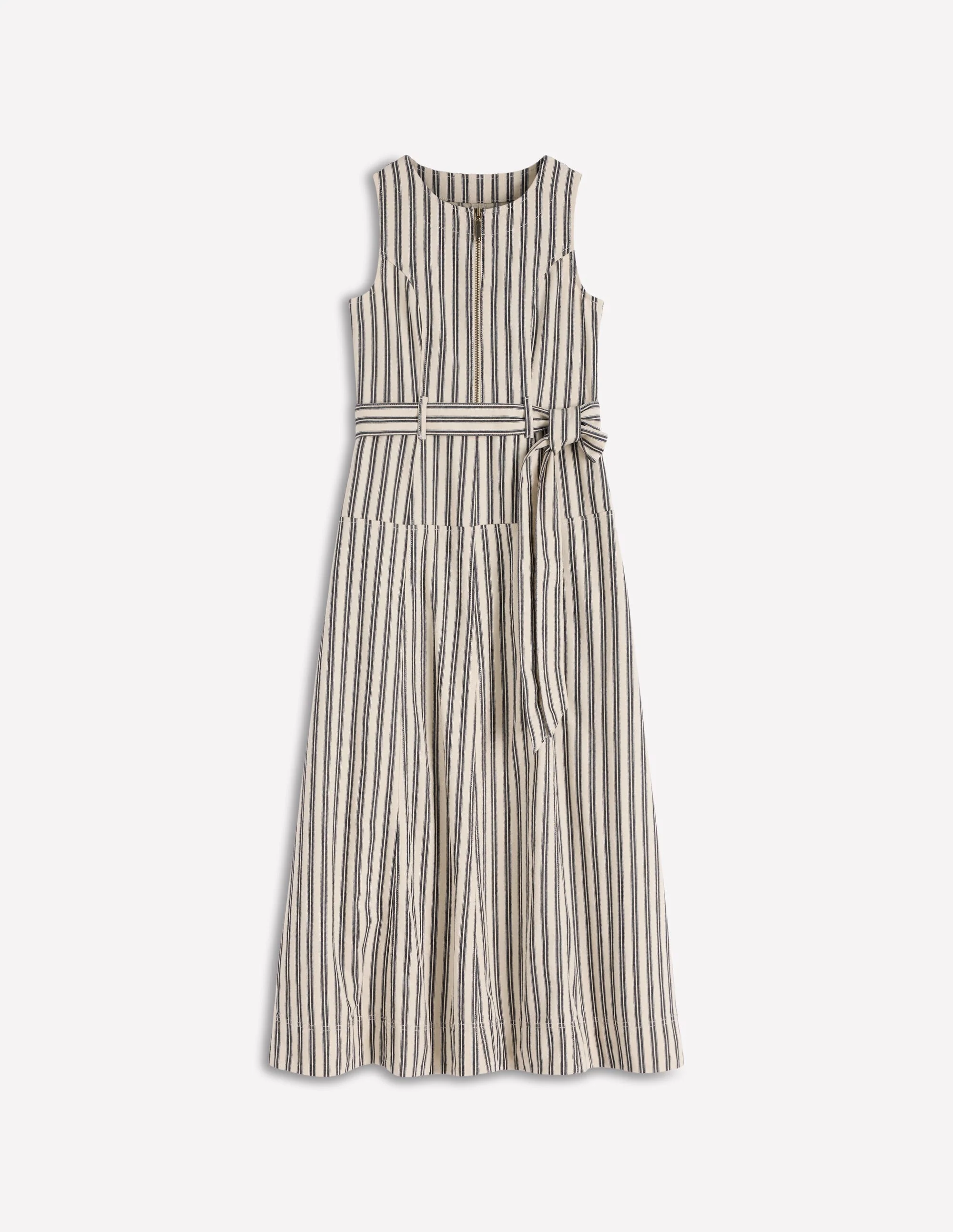 Sleeveless Zip Denim Dress-Ivory and Navy Stripe - Image 5