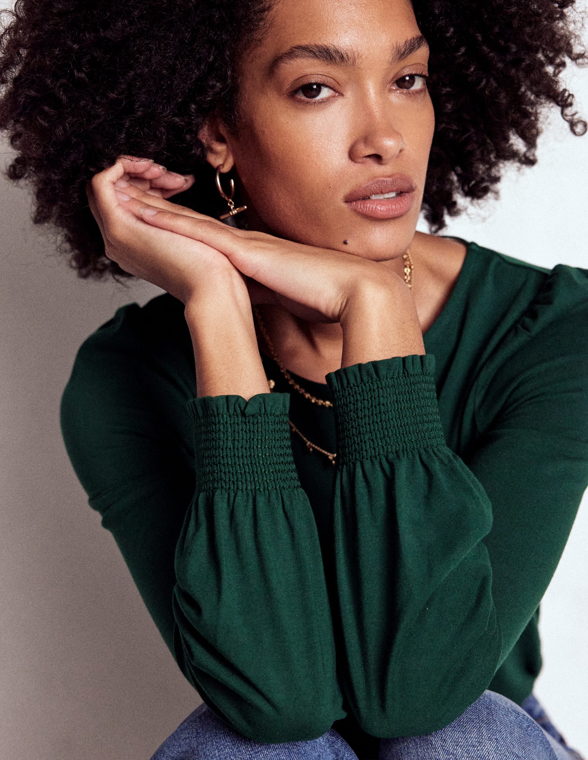 Smocked Cuff Supersoft Top-Green Pine