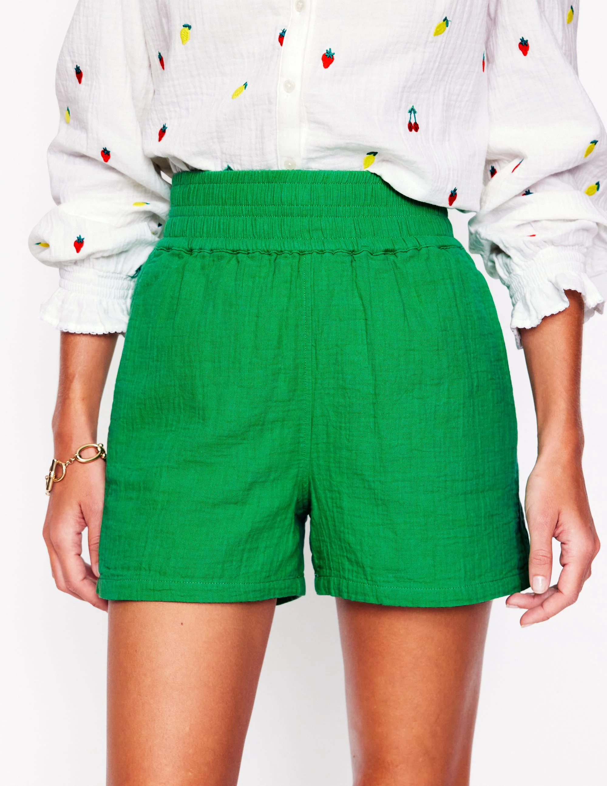Smocked Double Cloth Shorts-Sapling Green - Image 4