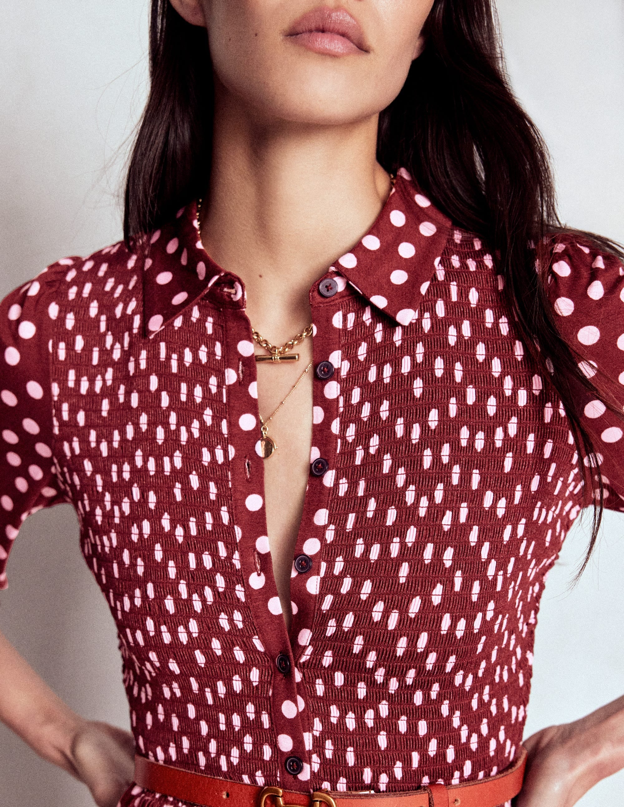 Smocked Jersey Shirt Dress-Chestnut, Painted Dot - Image 2
