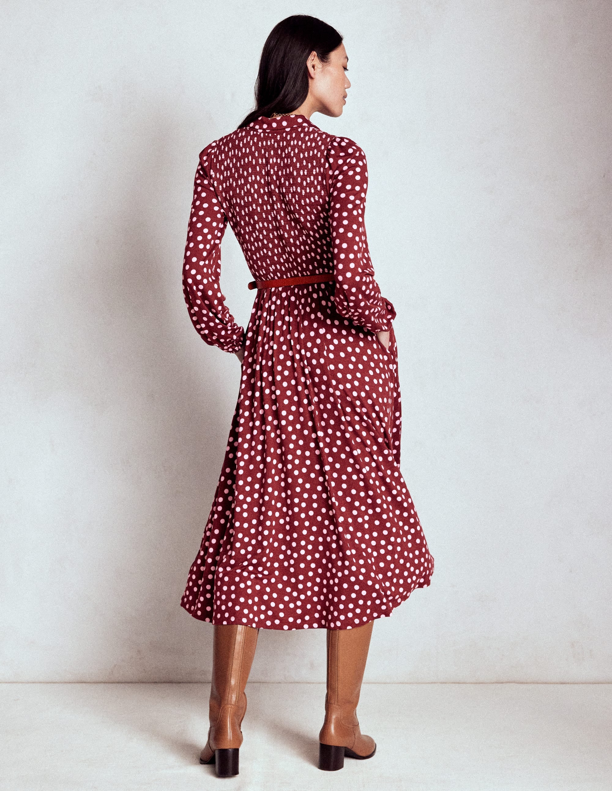 Smocked Jersey Shirt Dress-Chestnut, Painted Dot - Image 3