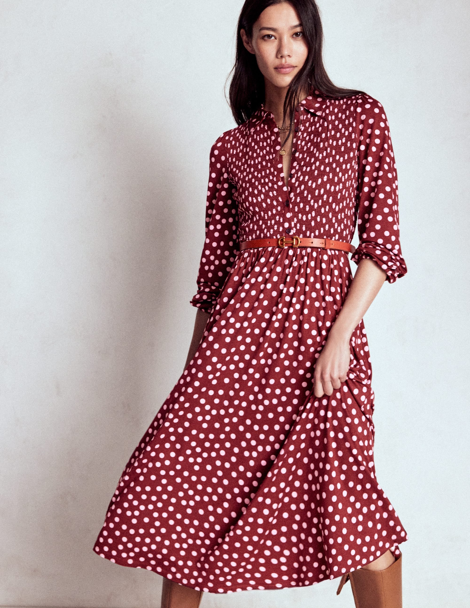 Smocked Jersey Shirt Dress-Chestnut, Painted Dot - Image 4