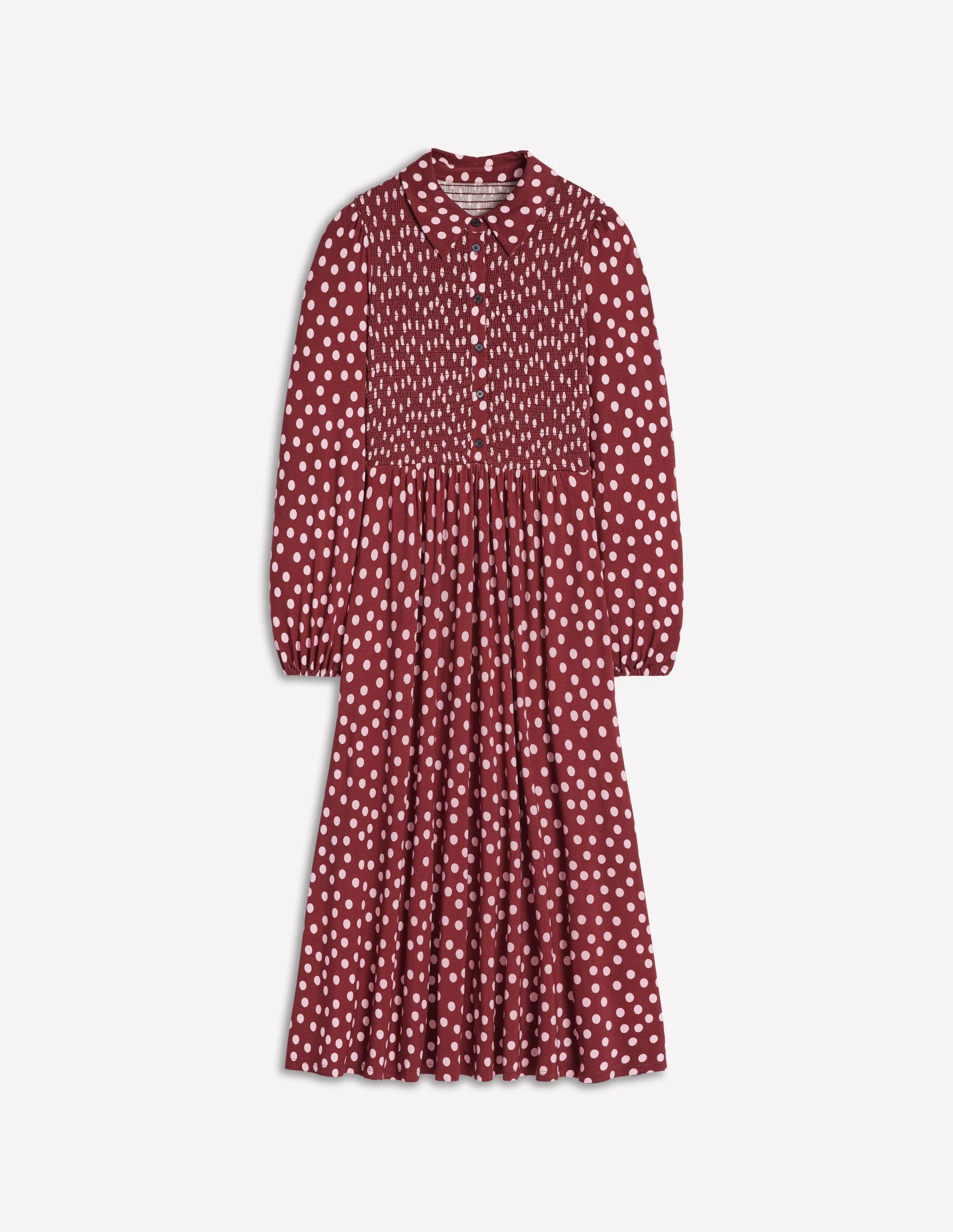Smocked Jersey Shirt Dress-Chestnut, Painted Dot - Image 5