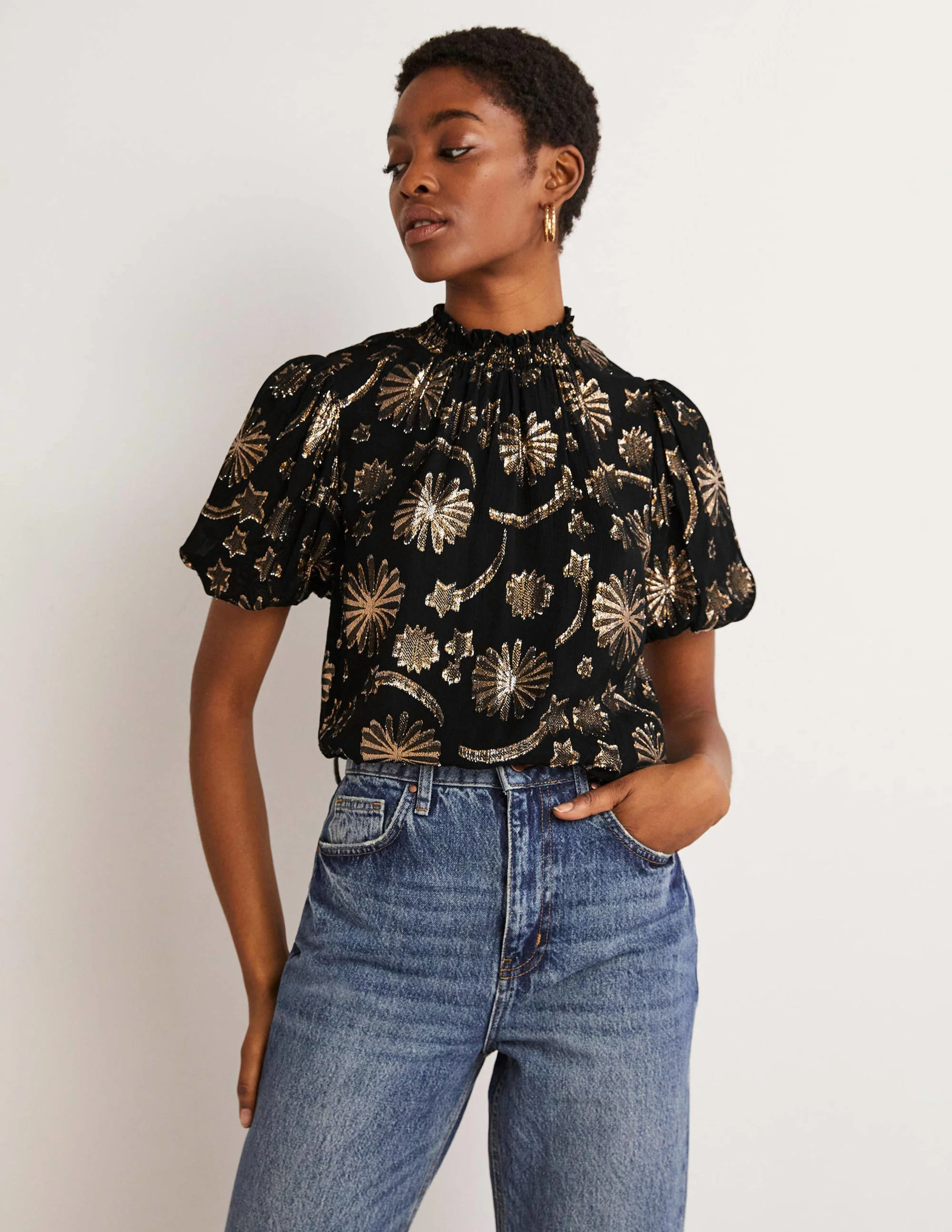 Smocked Neck Party Top-Clip Jacquard - Image 2