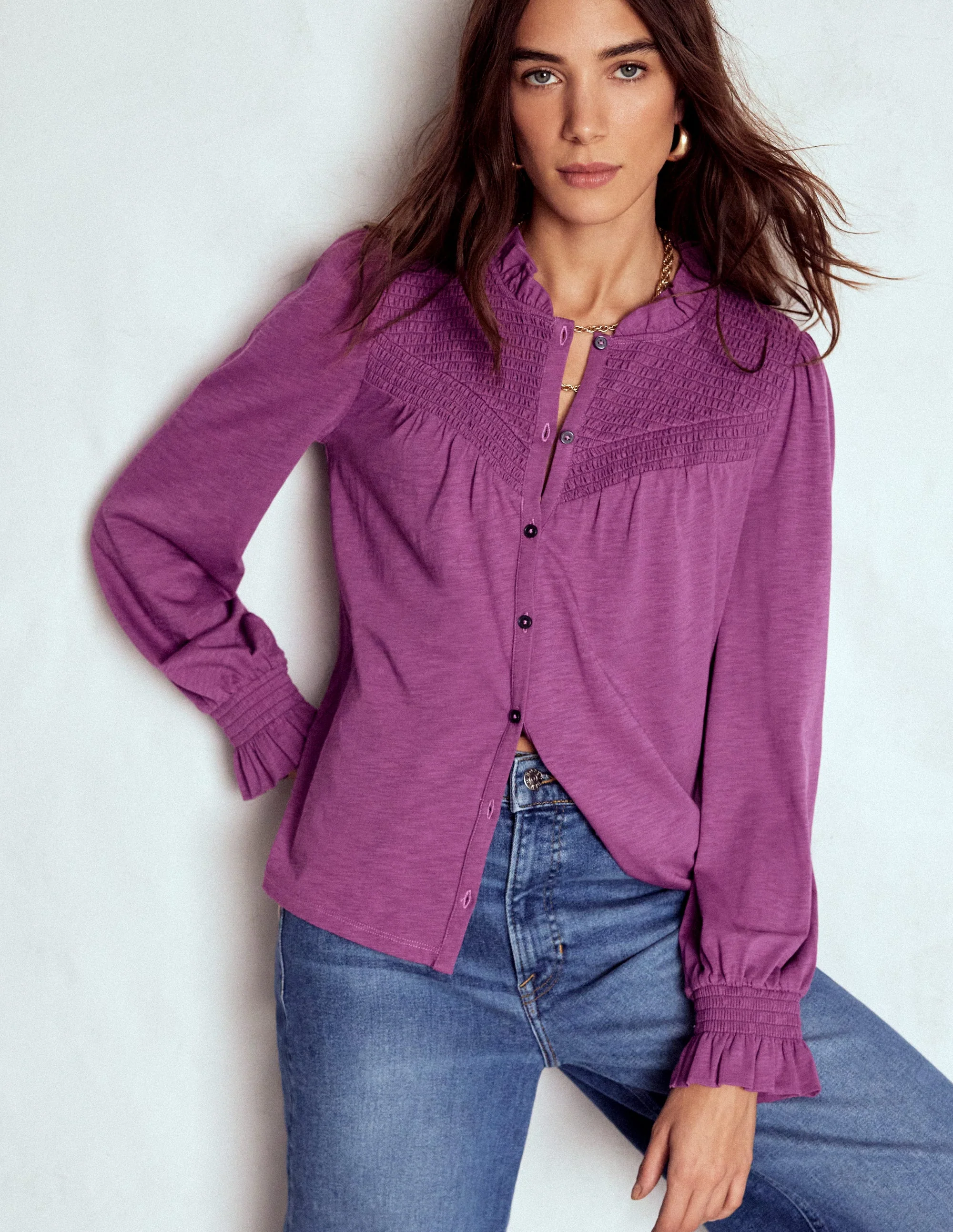 Smocked Yoke Jersey Shirt-Damson