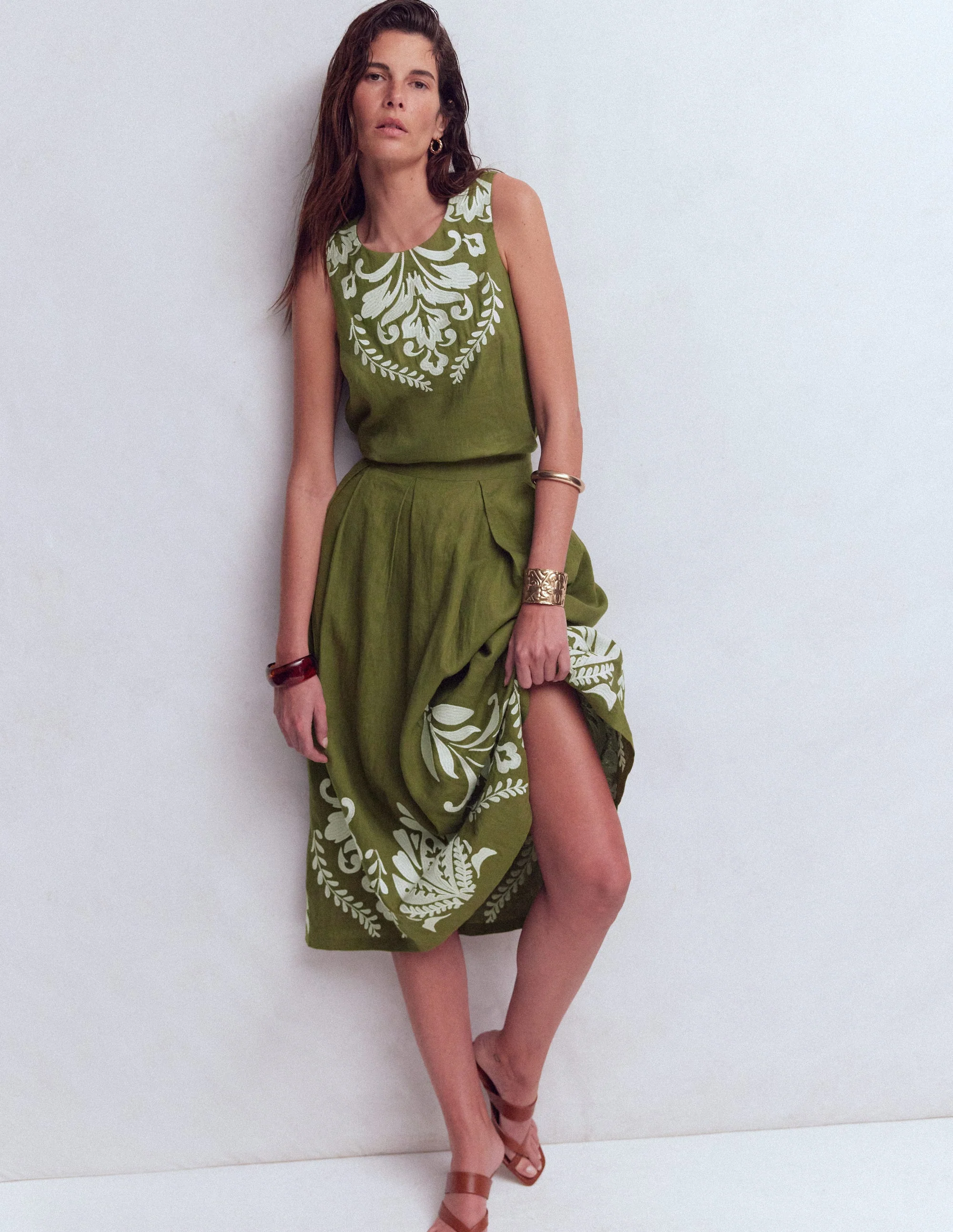 Sofia Embroidered Linen Top-Woodland Green - Image 5