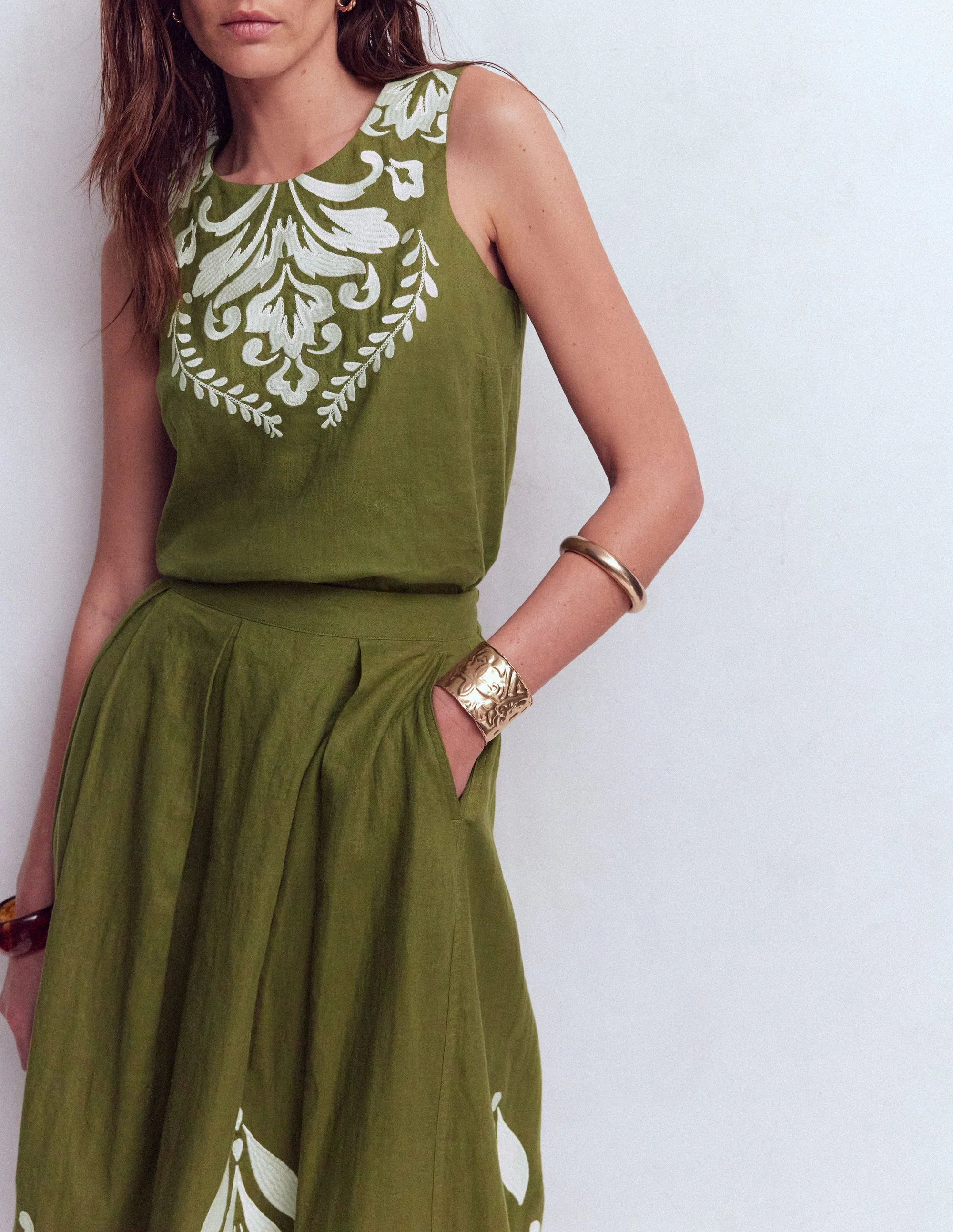 Sofia Embroidered Linen Top-Woodland Green - Image 6