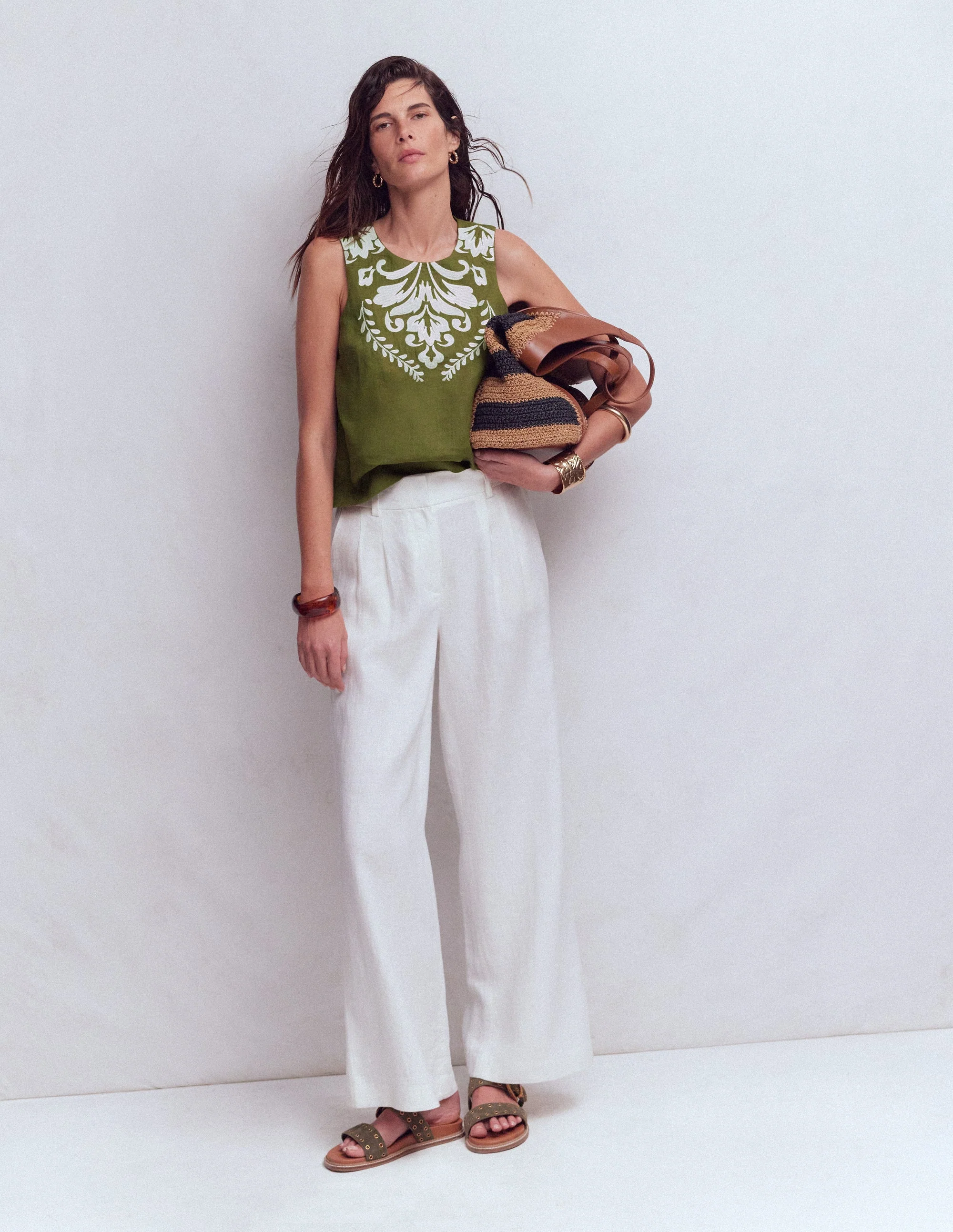 Sofia Embroidered Linen Top-Woodland Green - Image 7