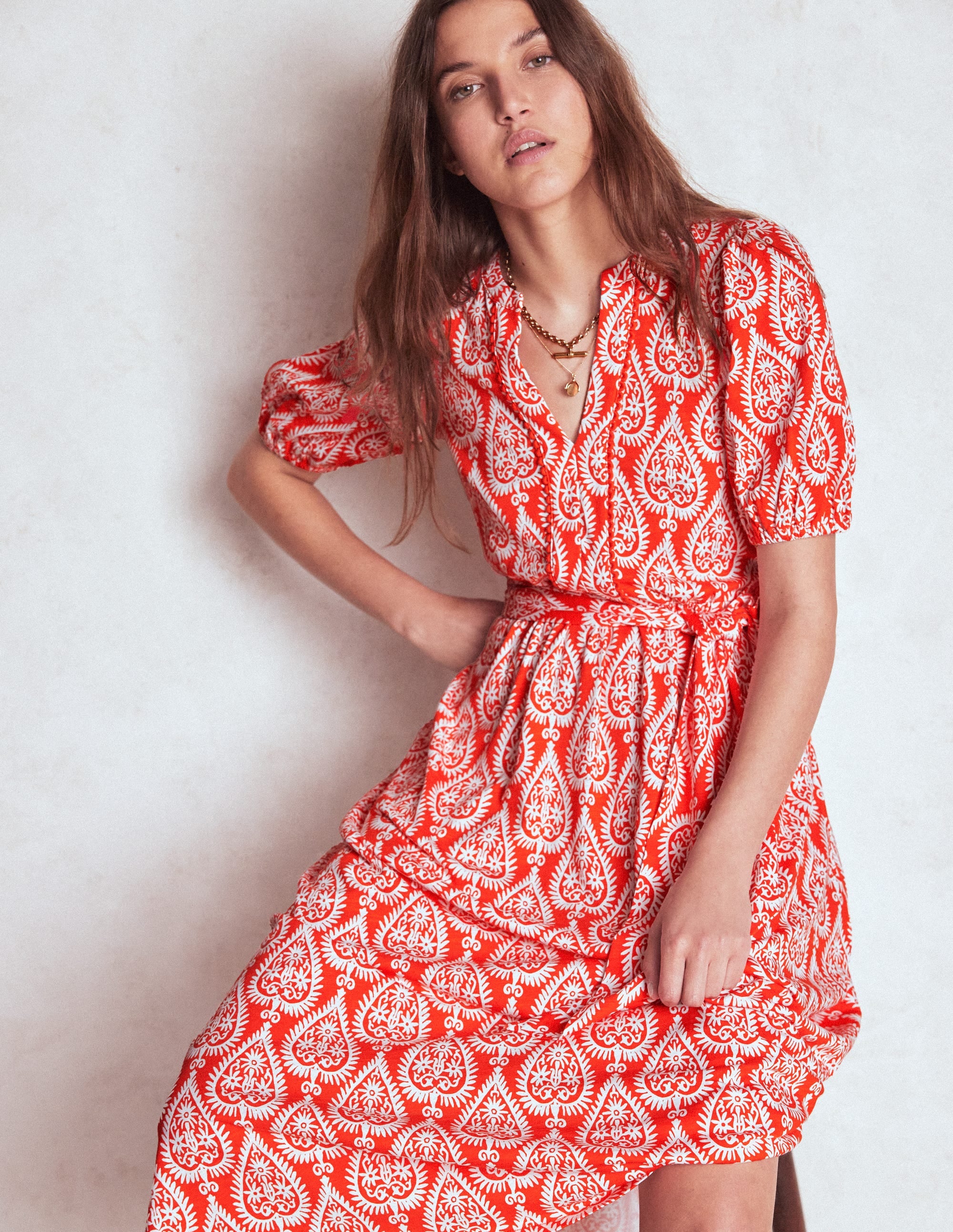 Sofia Trim Jersey Midi Dress-Firecracker Red, Ornate Geo - Image 5