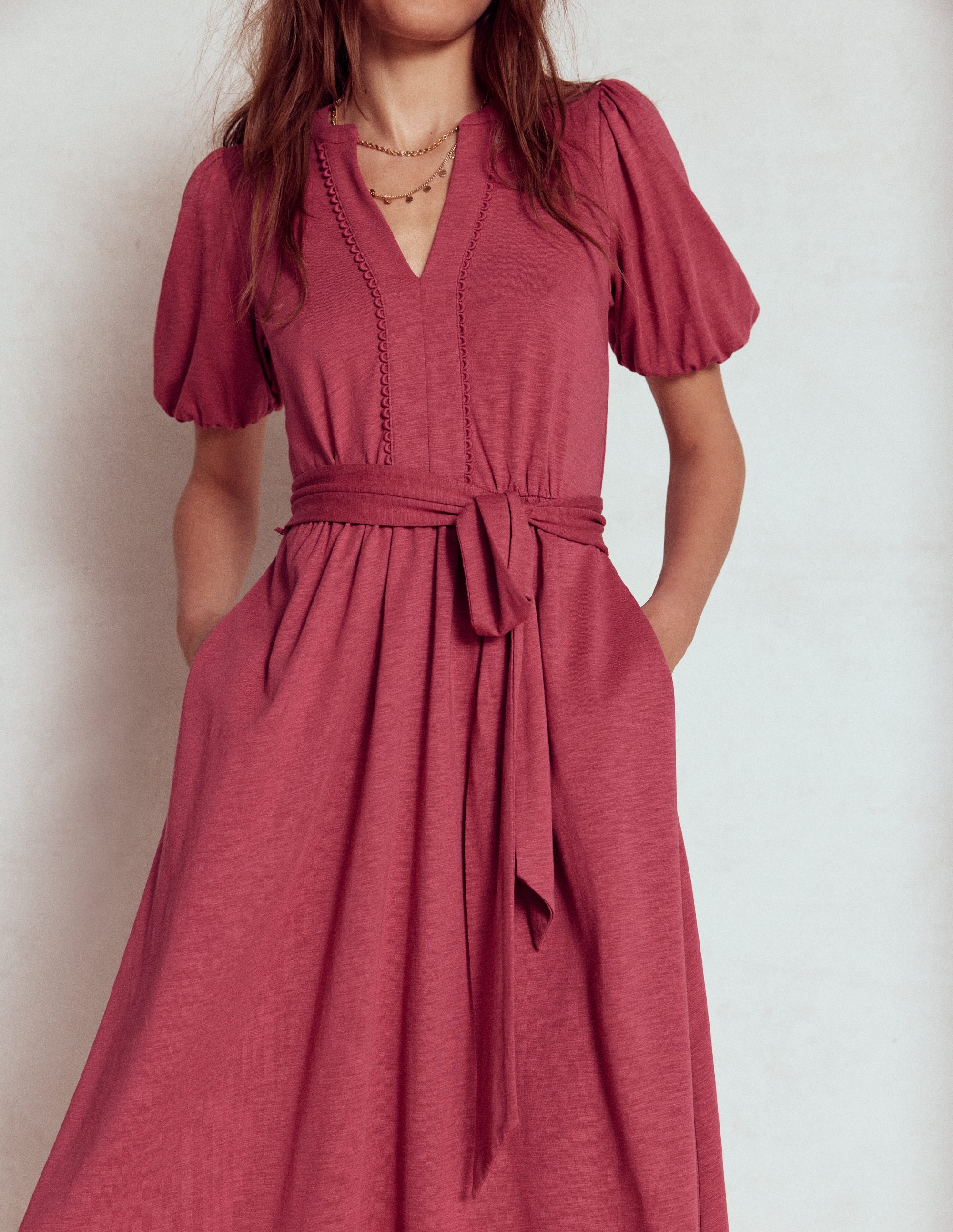 Sofia Trim Jersey Midi Dress-Terracotta Red - Image 2