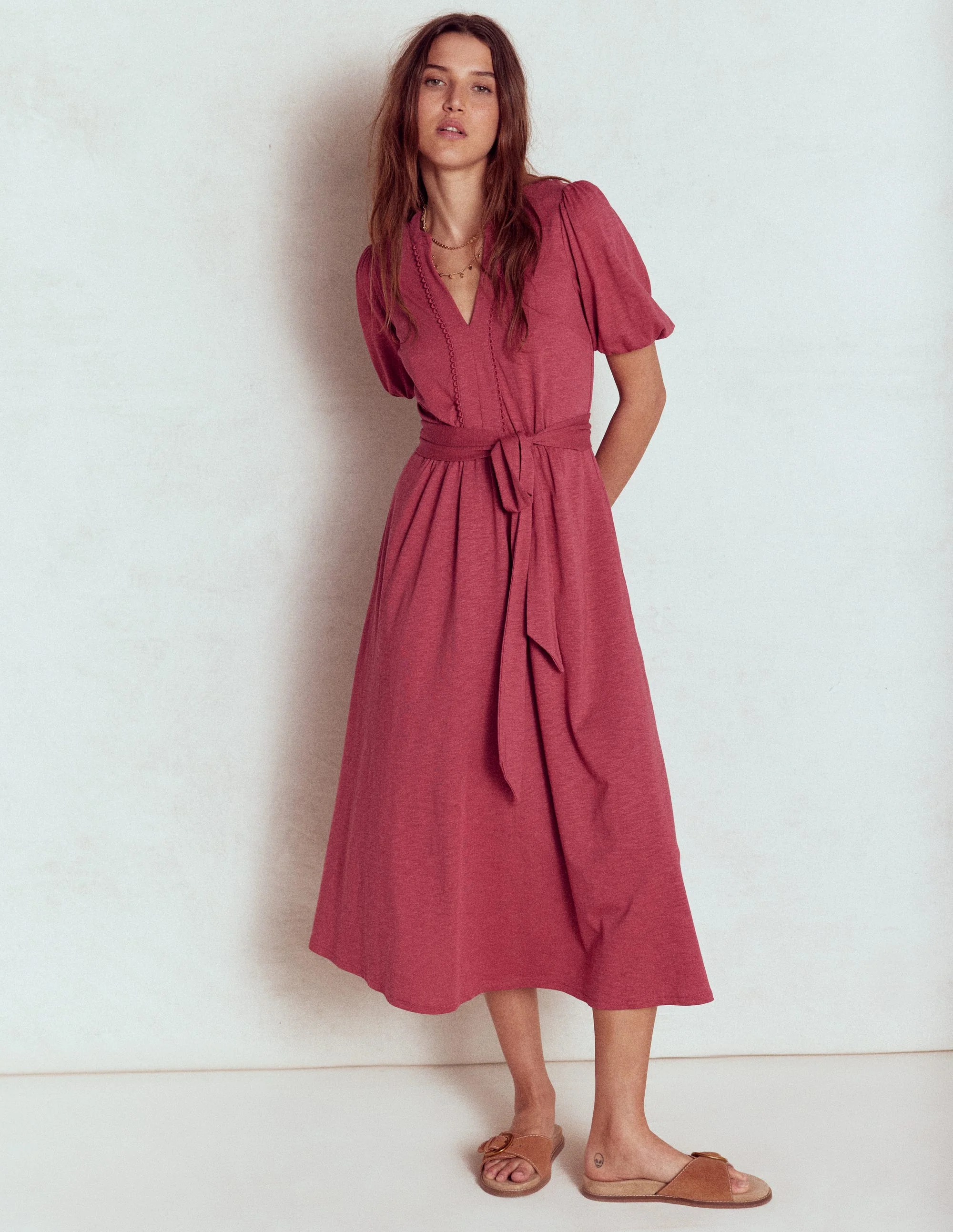 Sofia Trim Jersey Midi Dress-Terracotta Red - Image 4