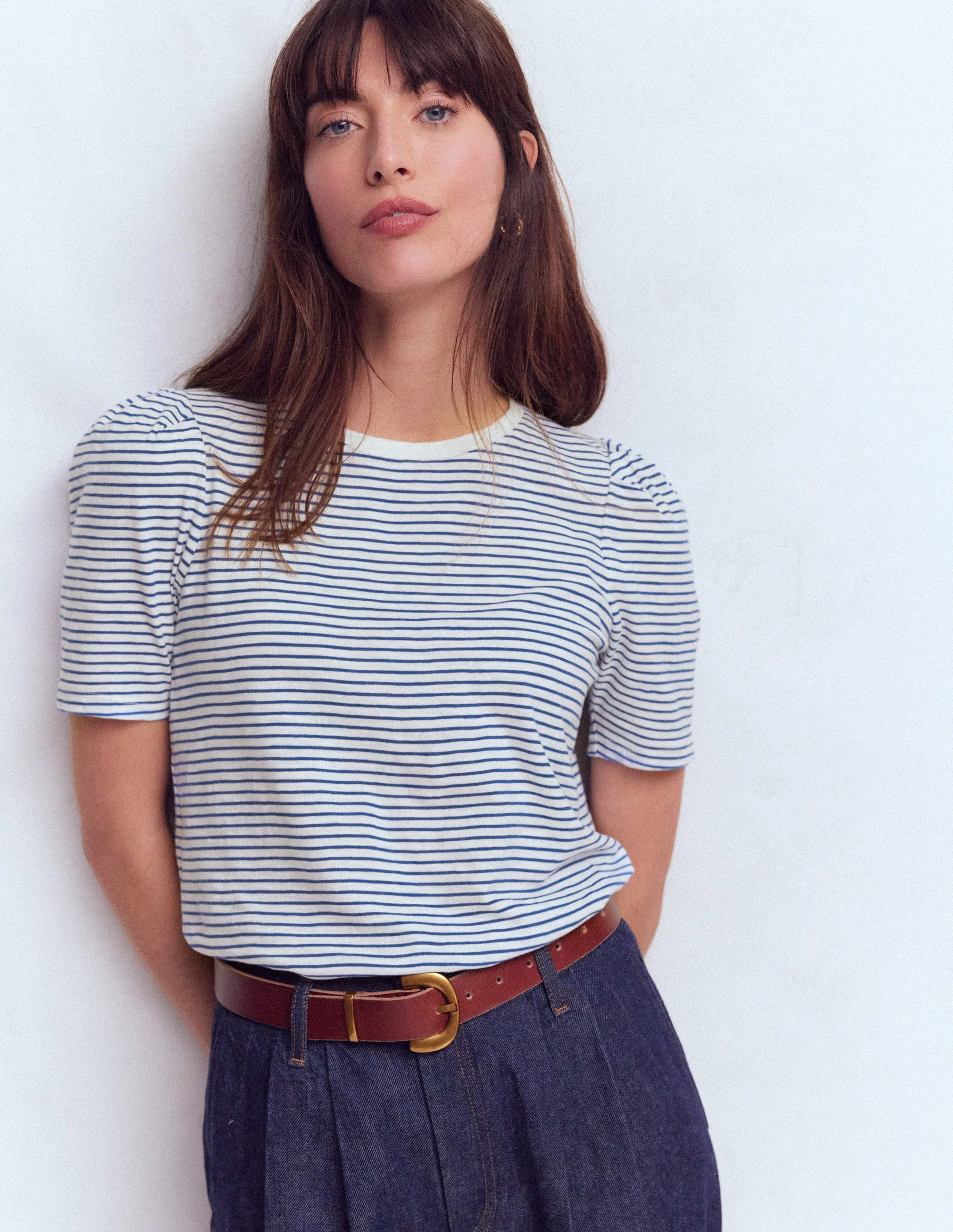 Sophie Puff Sleeve T-shirt-Beaucoup Blue and Ivory Stripe