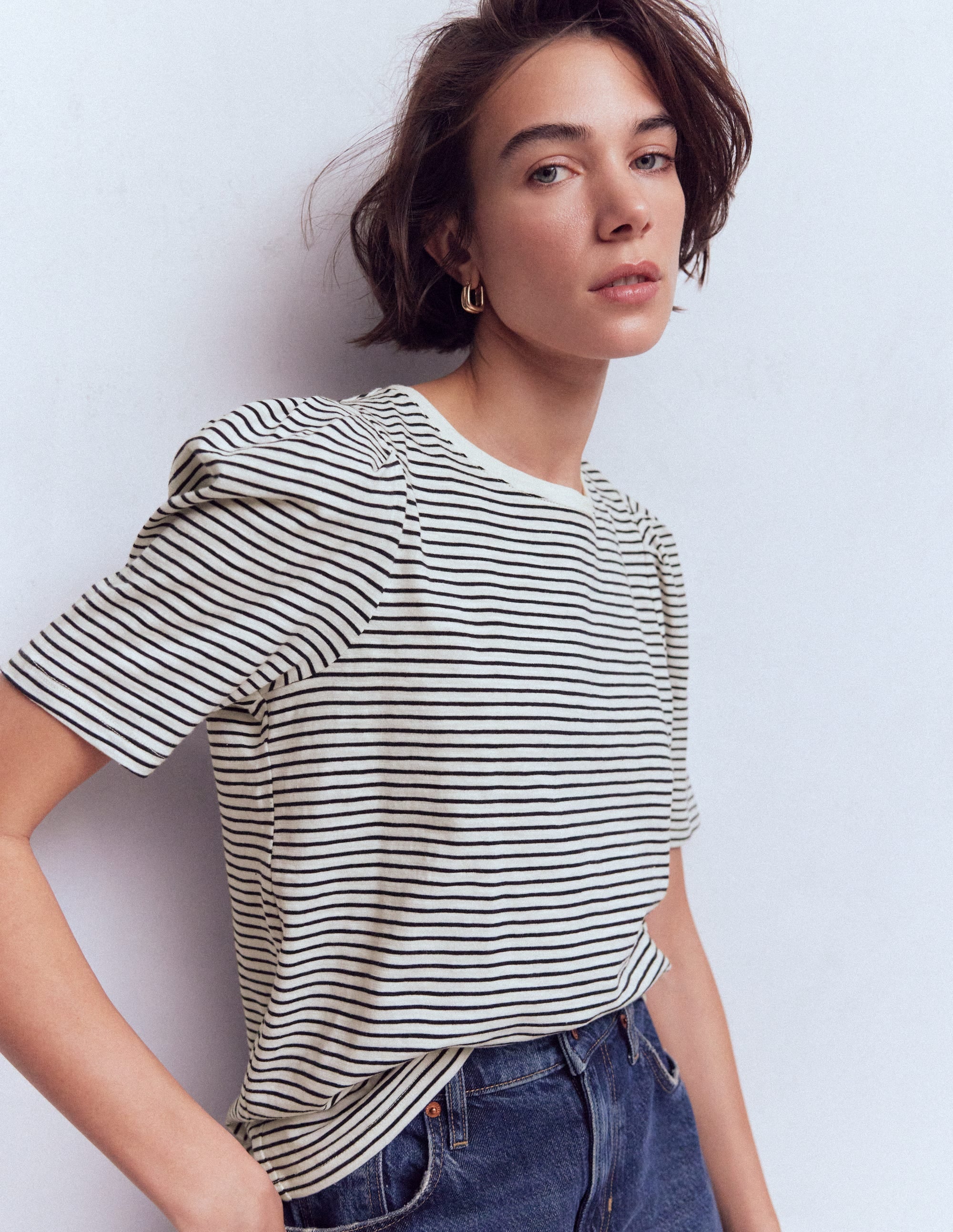 Sophie Puff Sleeve T-shirt-Navy and Ivory Stripe - Image 2