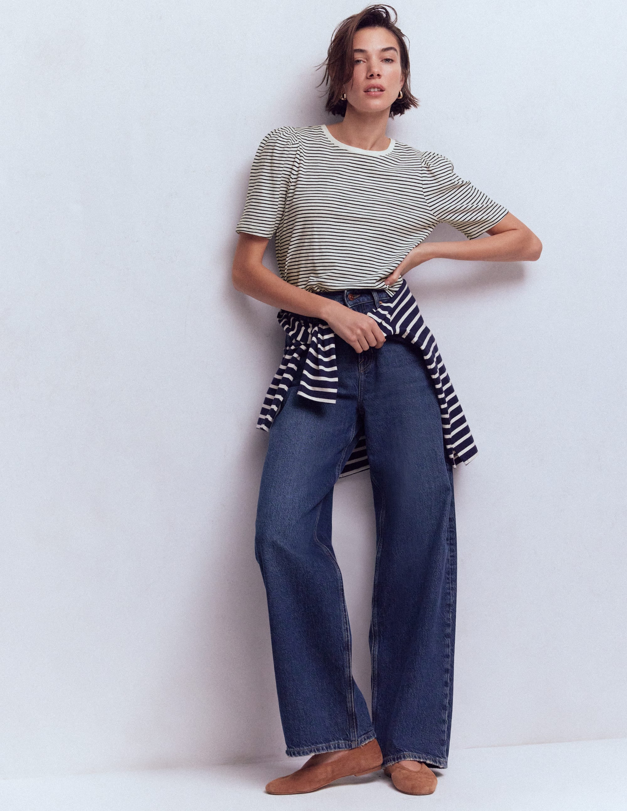 Sophie Puff Sleeve T-shirt-Navy and Ivory Stripe - Image 5