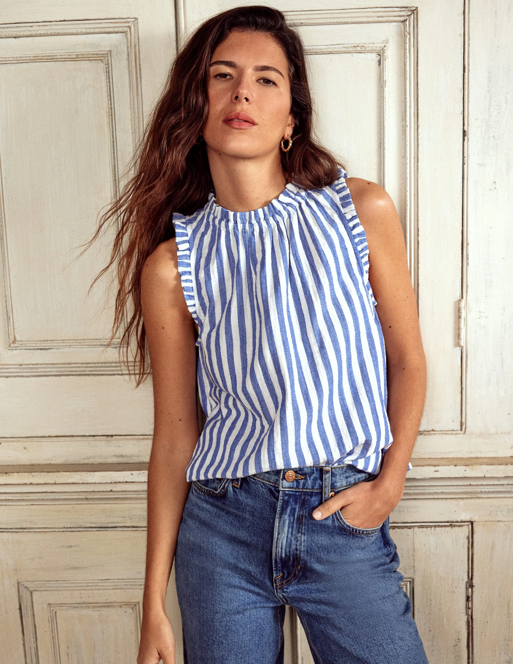 Sophie Ruffle Double Cloth Top-Bright Blue Stripe - Image 6