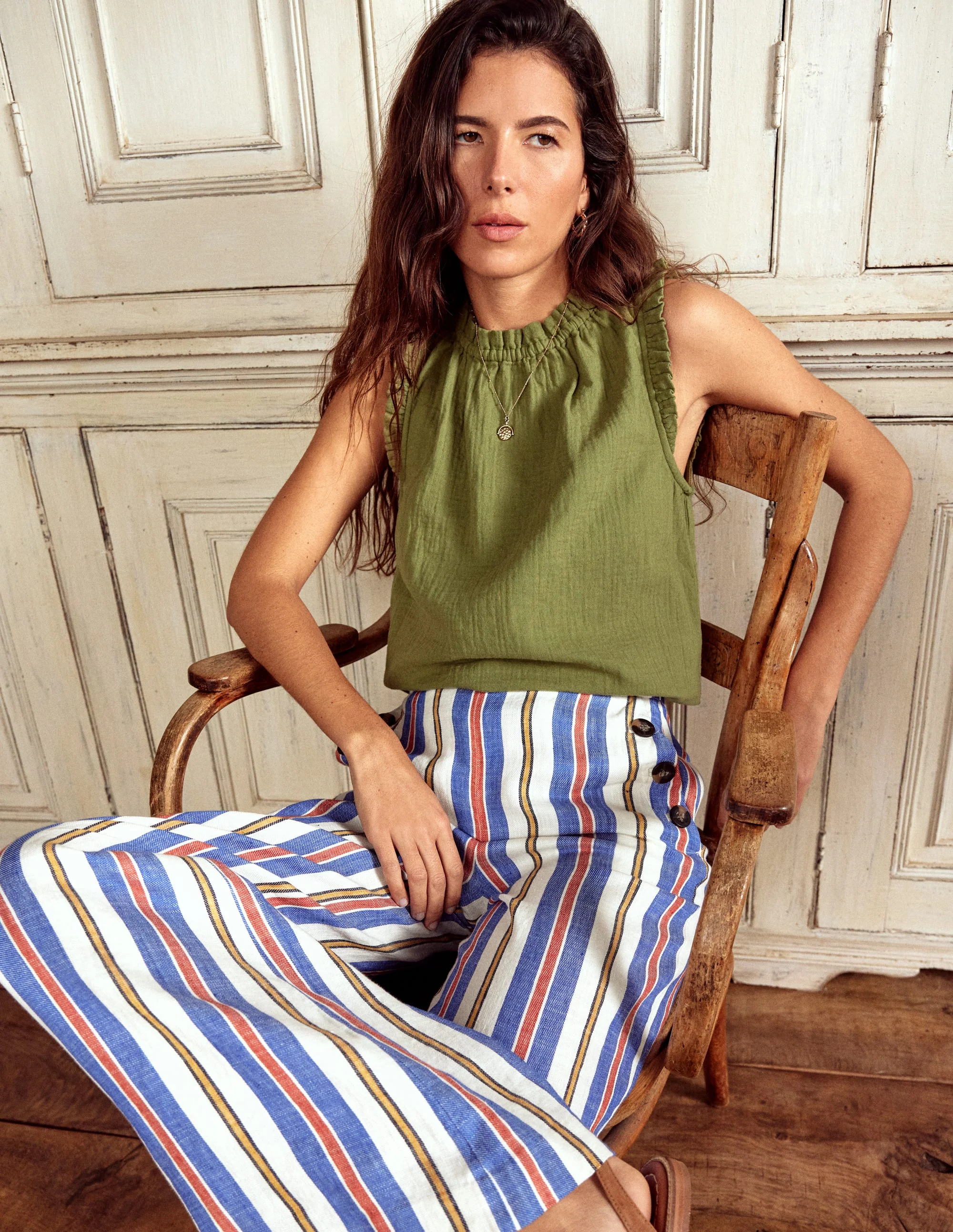 Sophie Ruffle Double Cloth Top-Olive Green