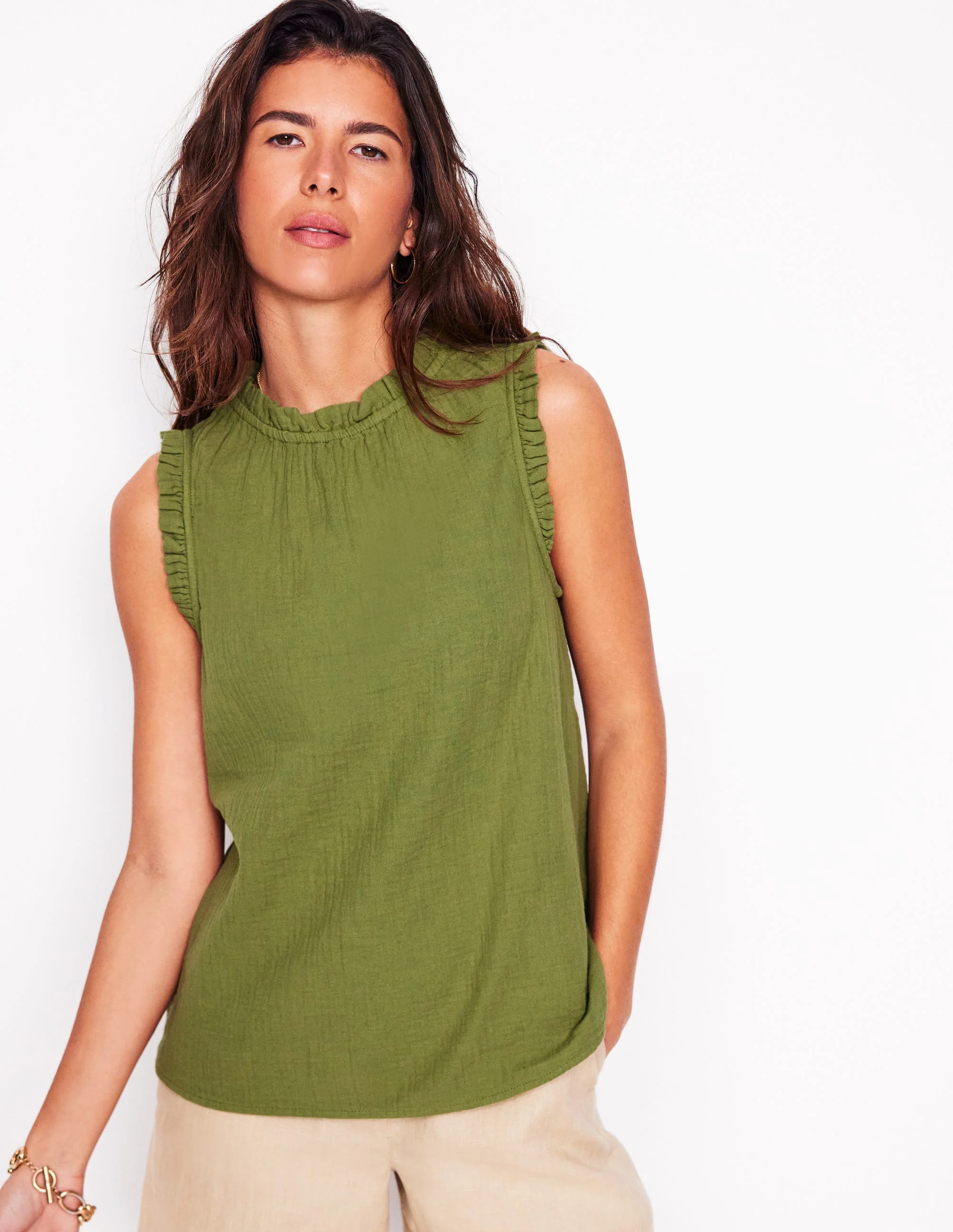 Sophie Ruffle Double Cloth Top-Olive Green - Image 6