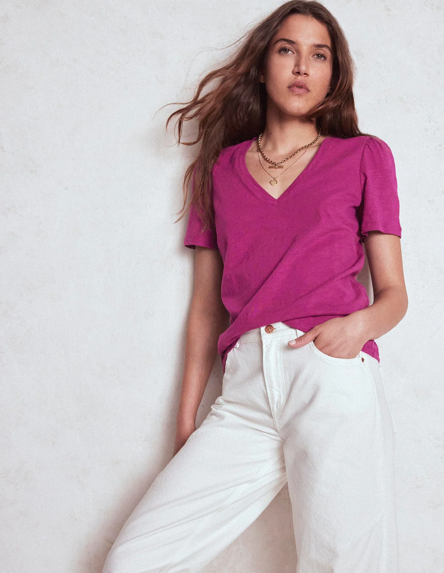 Sophie V-Neck Slub T-shirt-Rich Magenta