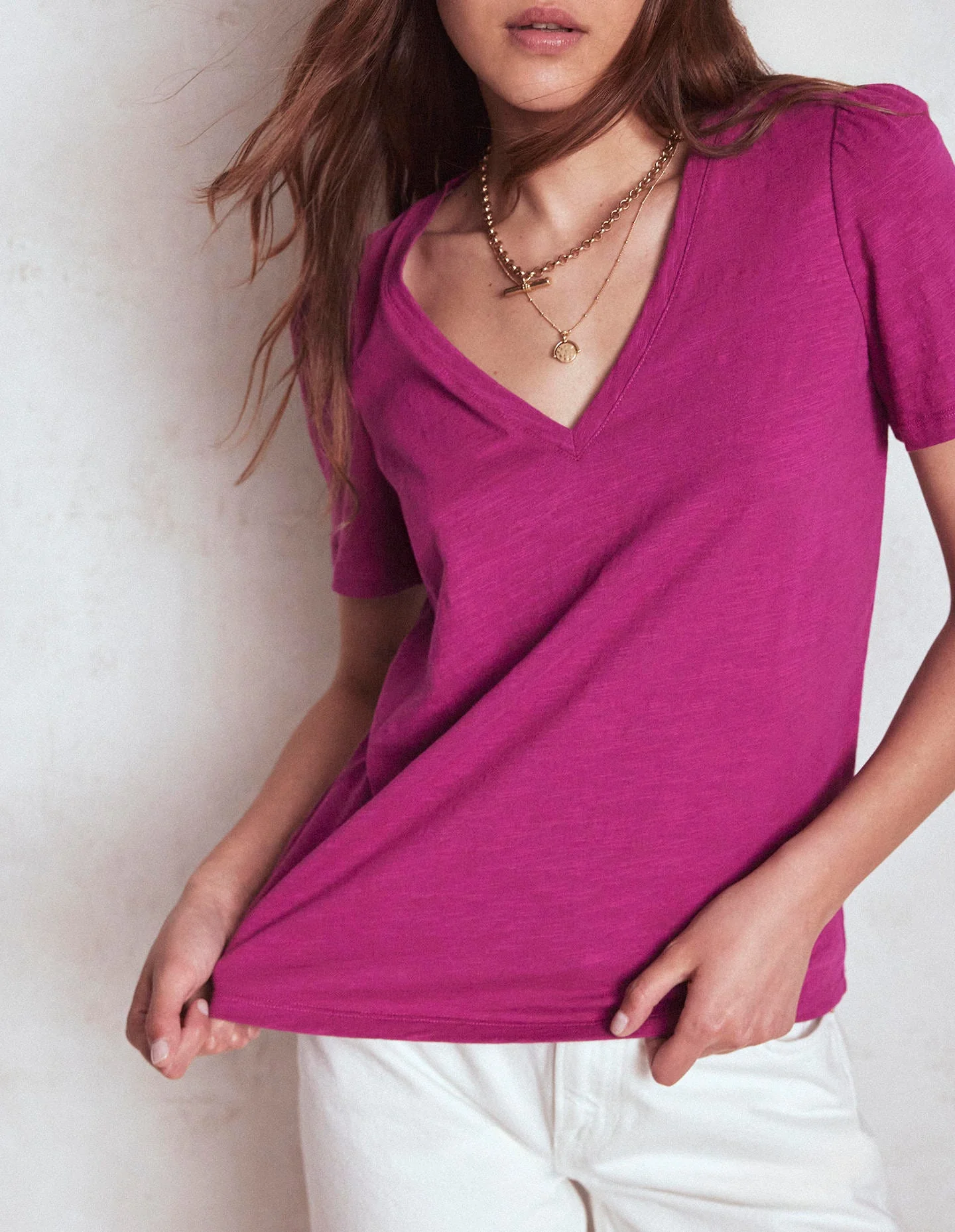 Sophie V-Neck Slub T-shirt-Rich Magenta - Image 2