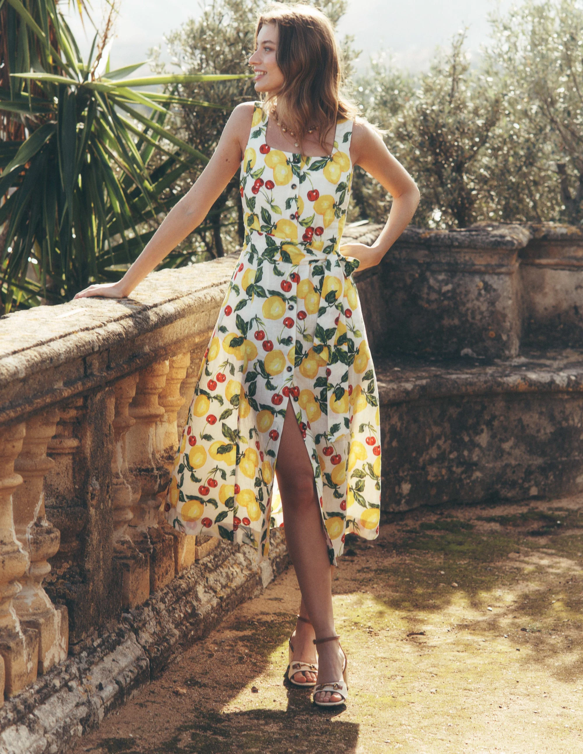 Square Neck Linen Midi Dress-Ivory, Cherries and Lemons - Image 2