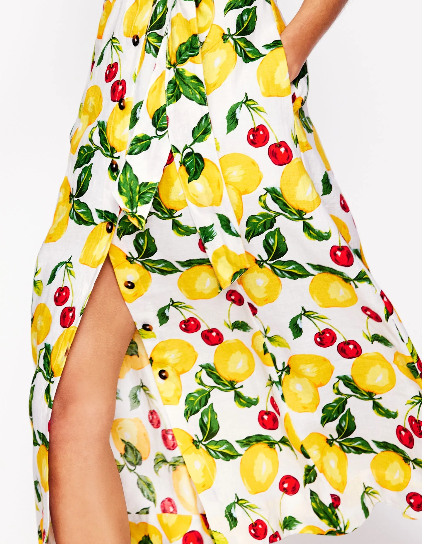 Square Neck Linen Midi Dress-Ivory, Cherries and Lemons - Image 3