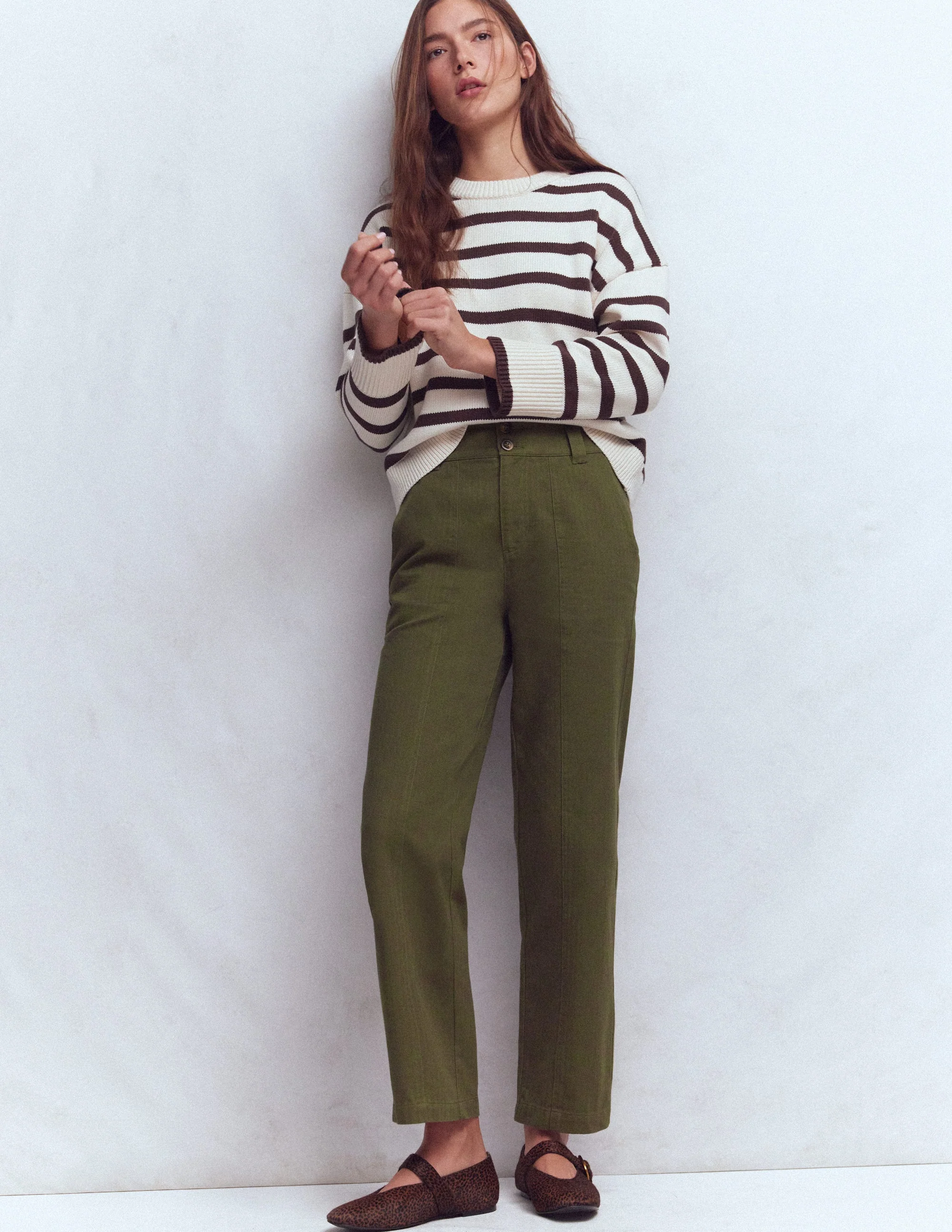 Straight Leg Chino Trousers-Woodland Green Herringbone