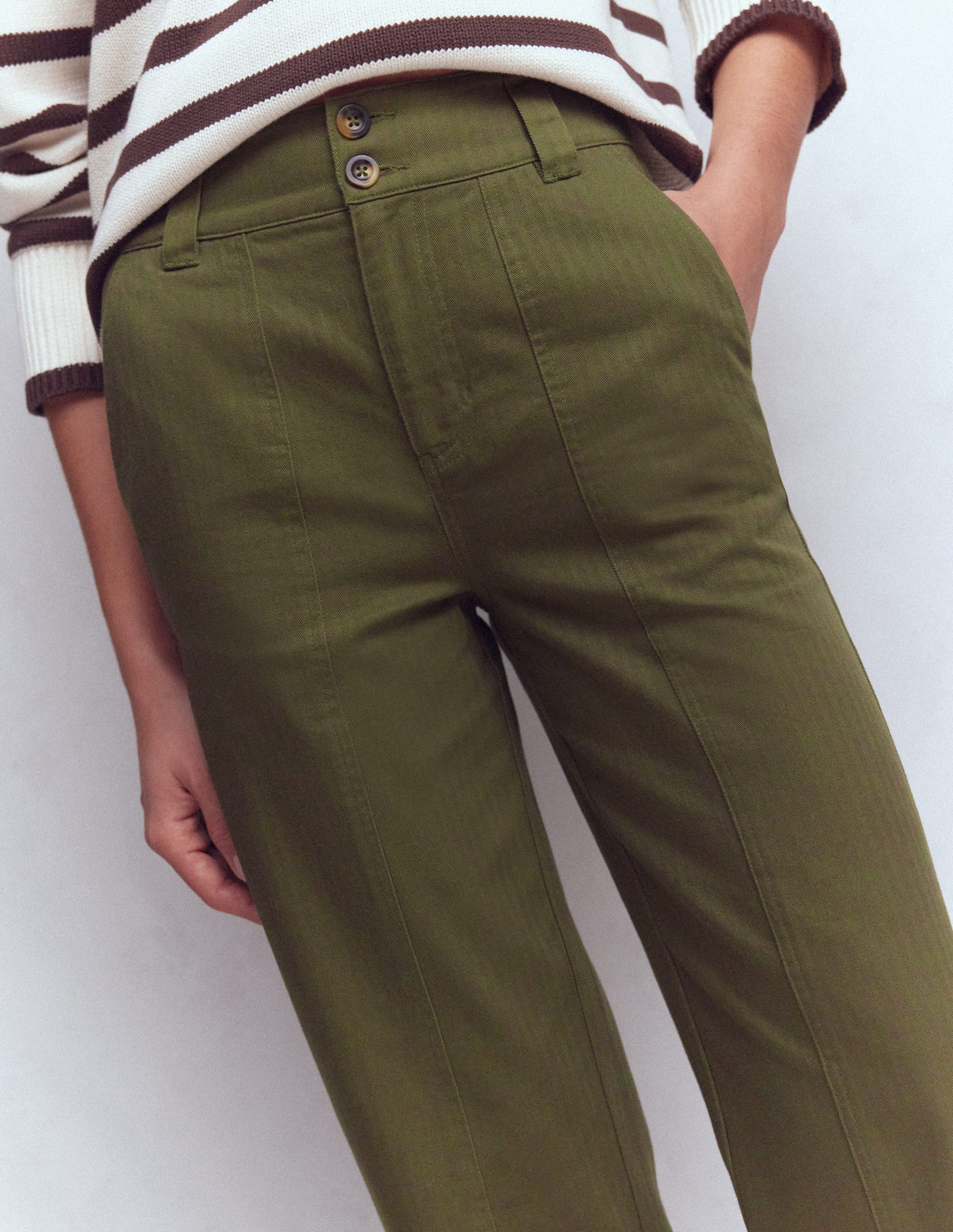 Straight Leg Chino Trousers-Woodland Green Herringbone - Image 2