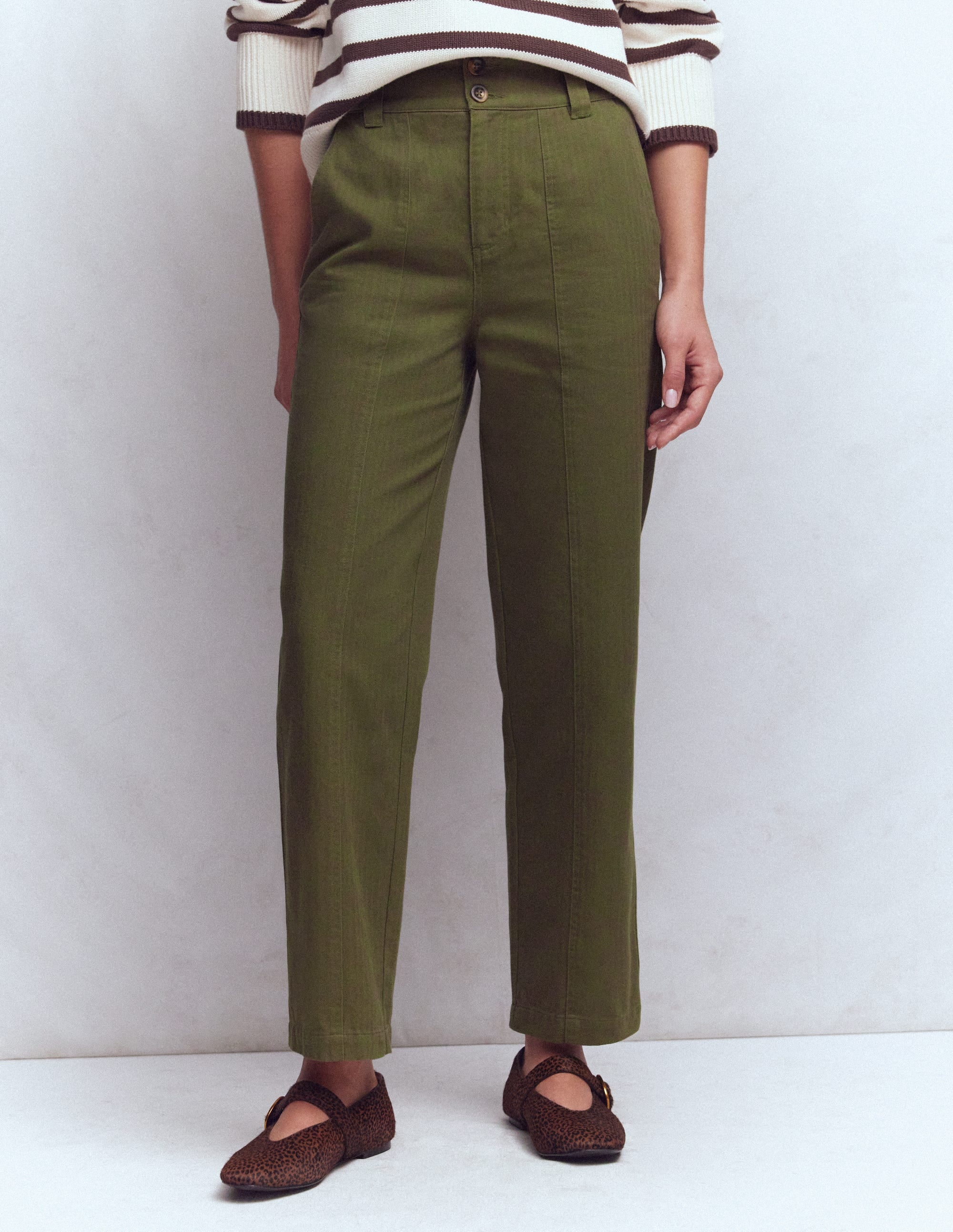 Straight Leg Chino Trousers-Woodland Green Herringbone - Image 4