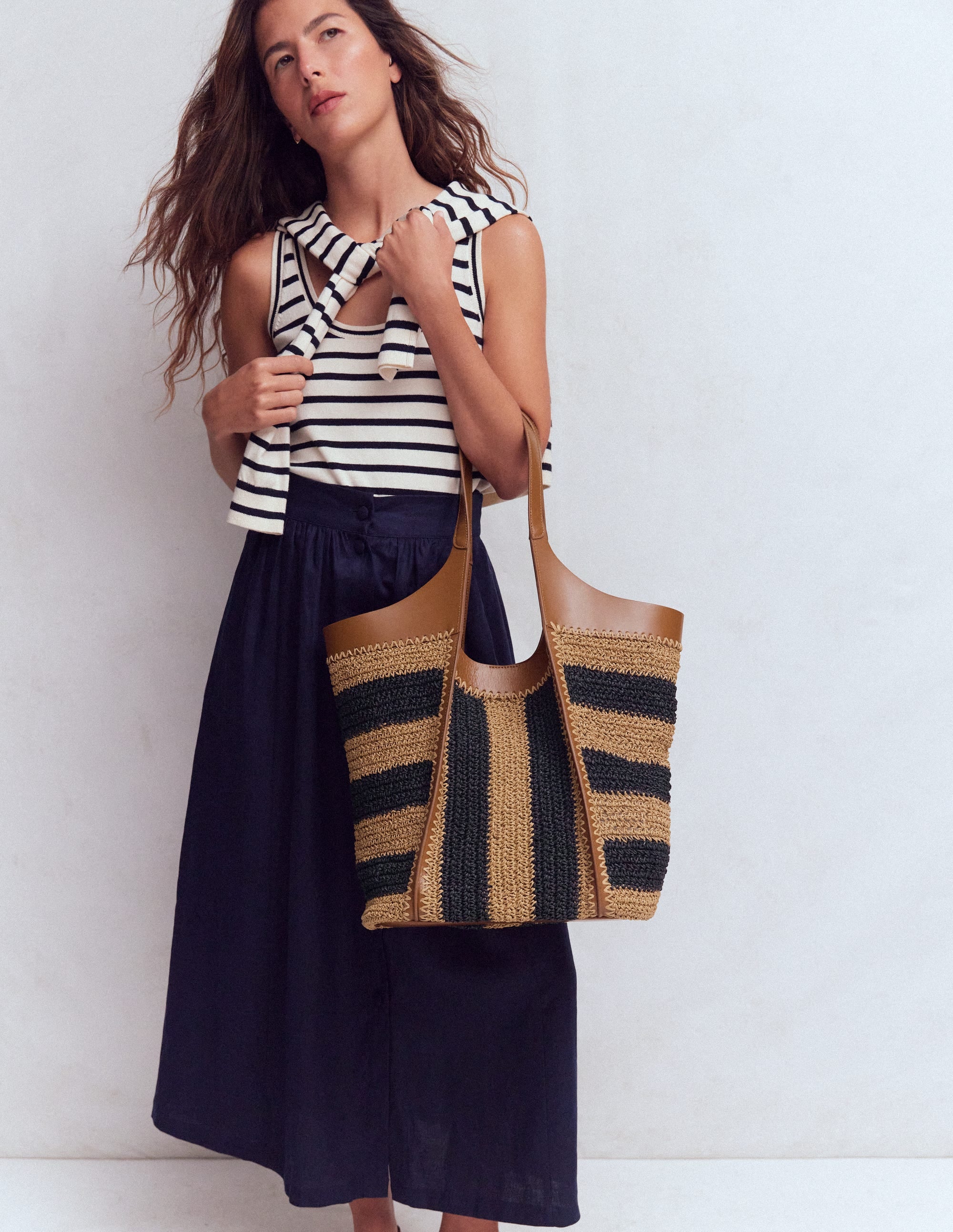 Straw Tote-Navy/Natural Stripe - Image 2