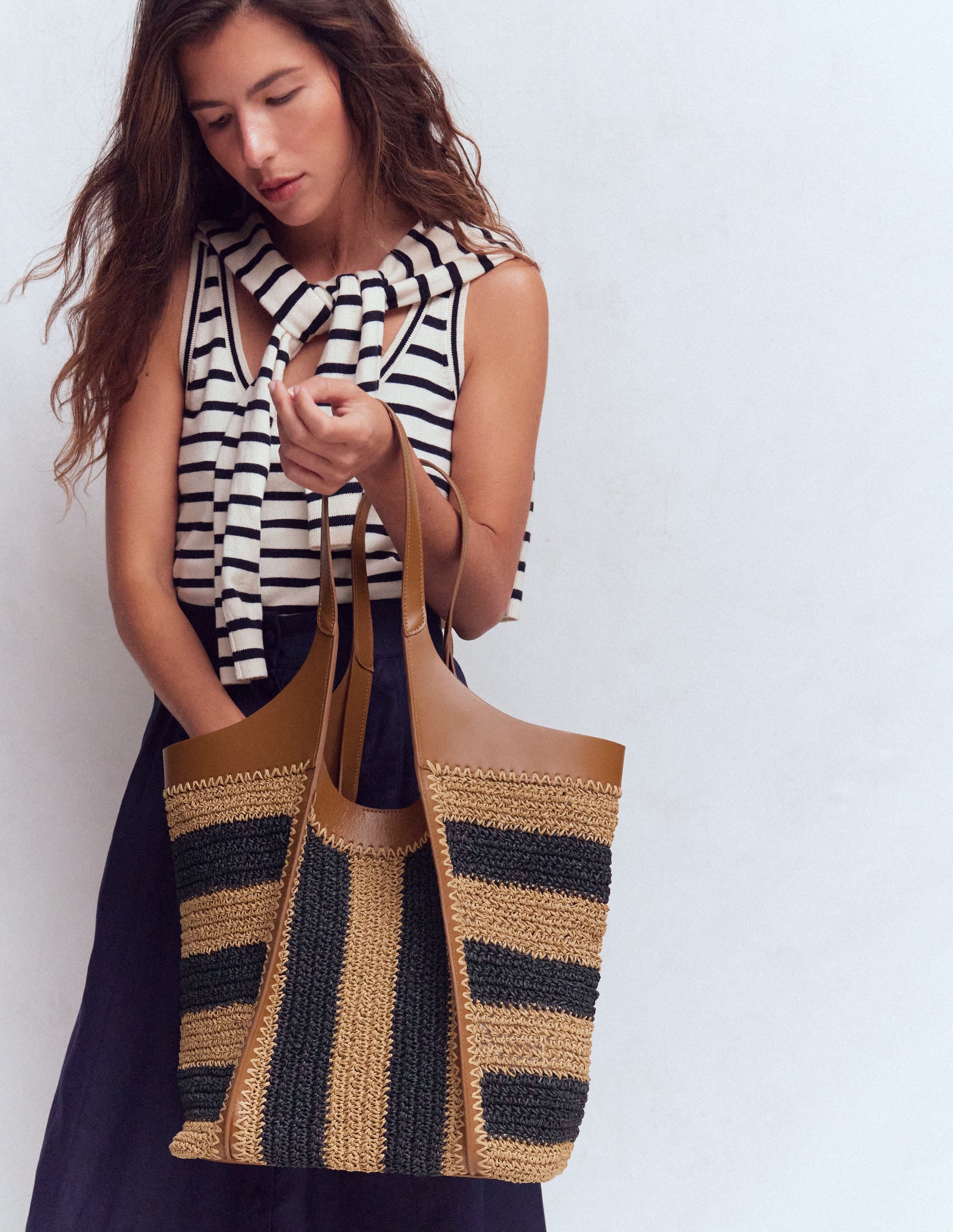 Straw Tote-Navy/Natural Stripe - Image 3
