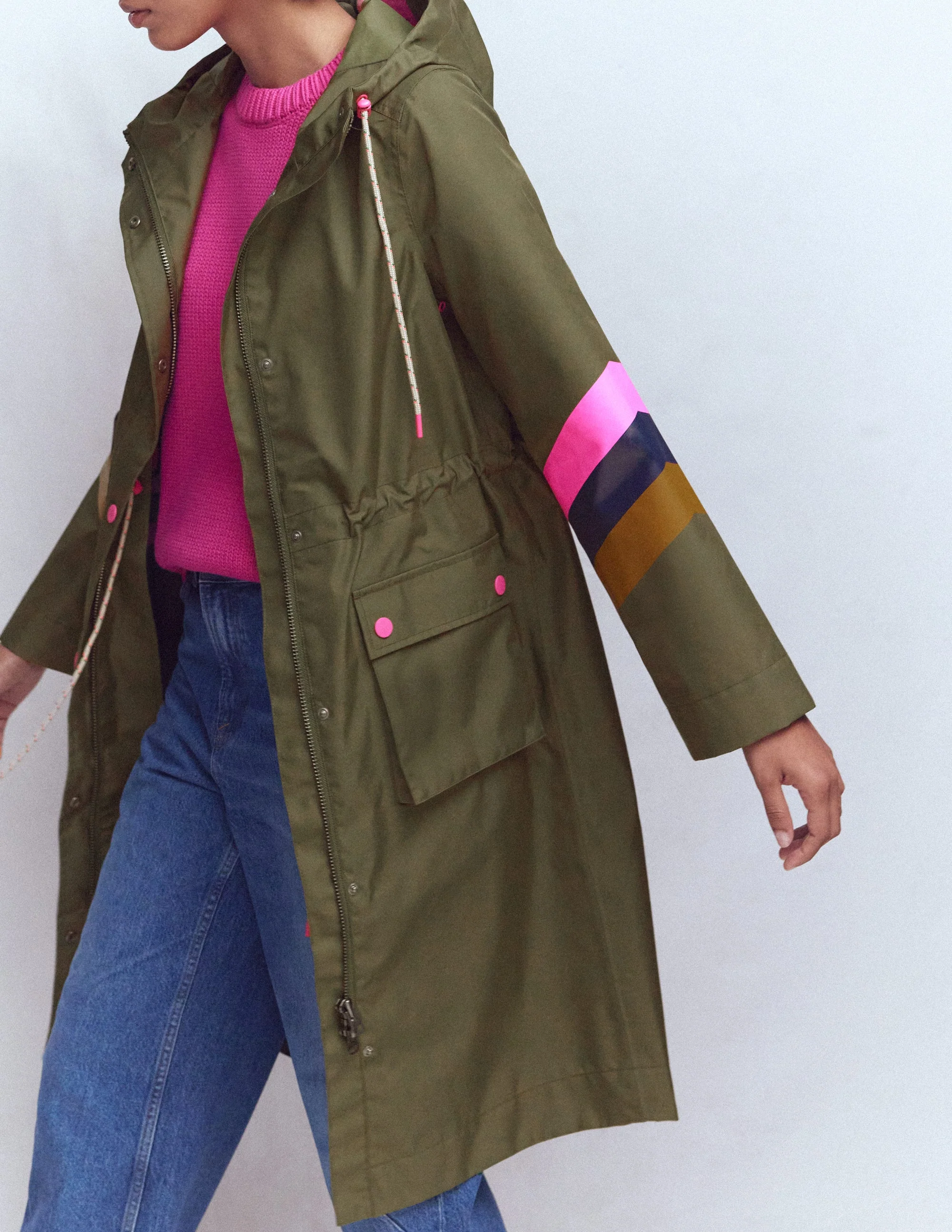 Striped Longline Rain Mac-Woodland Green Stripe - Image 6