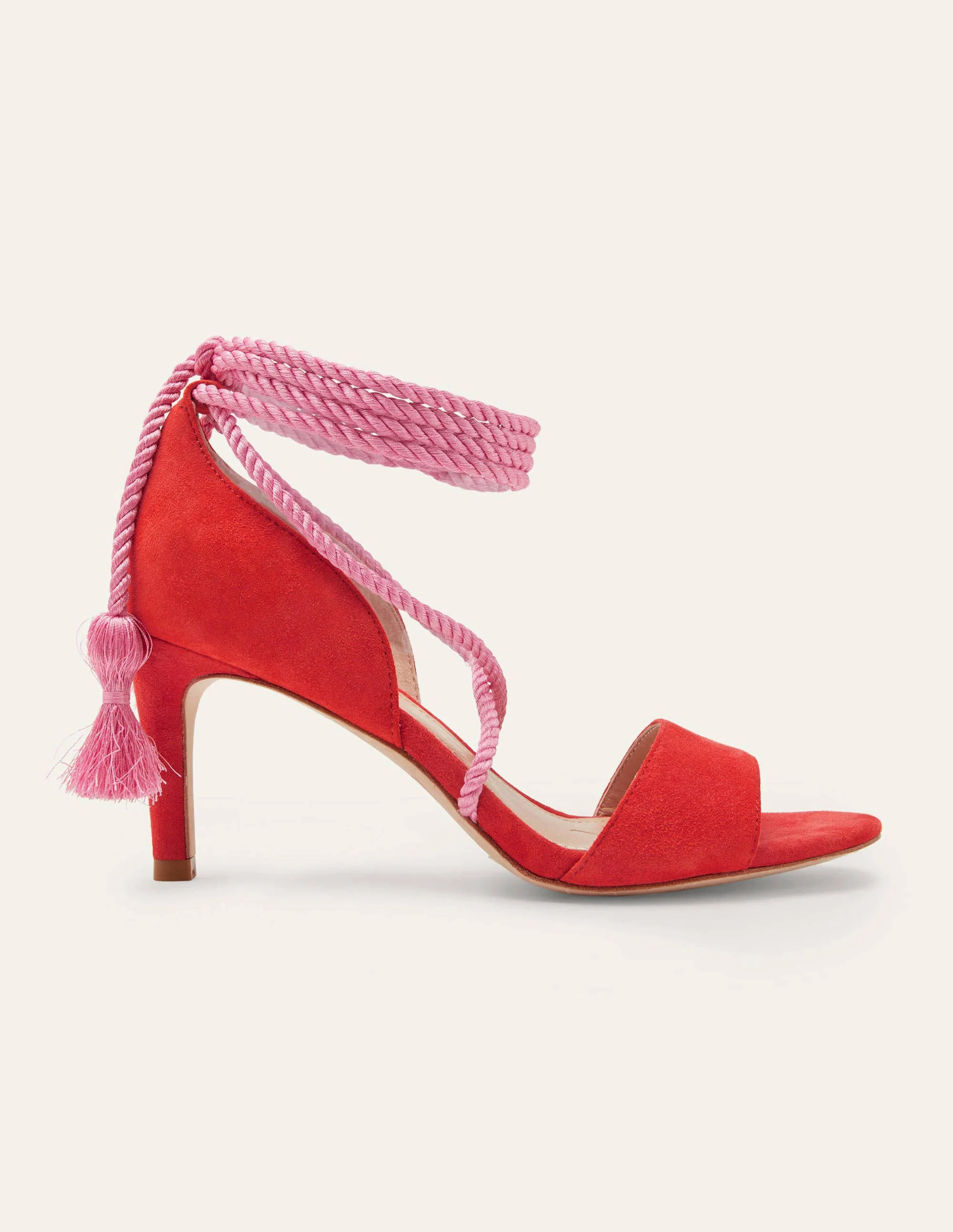 Suede Ankle Tie Heeled Sandals-Dragon Red - Image 2