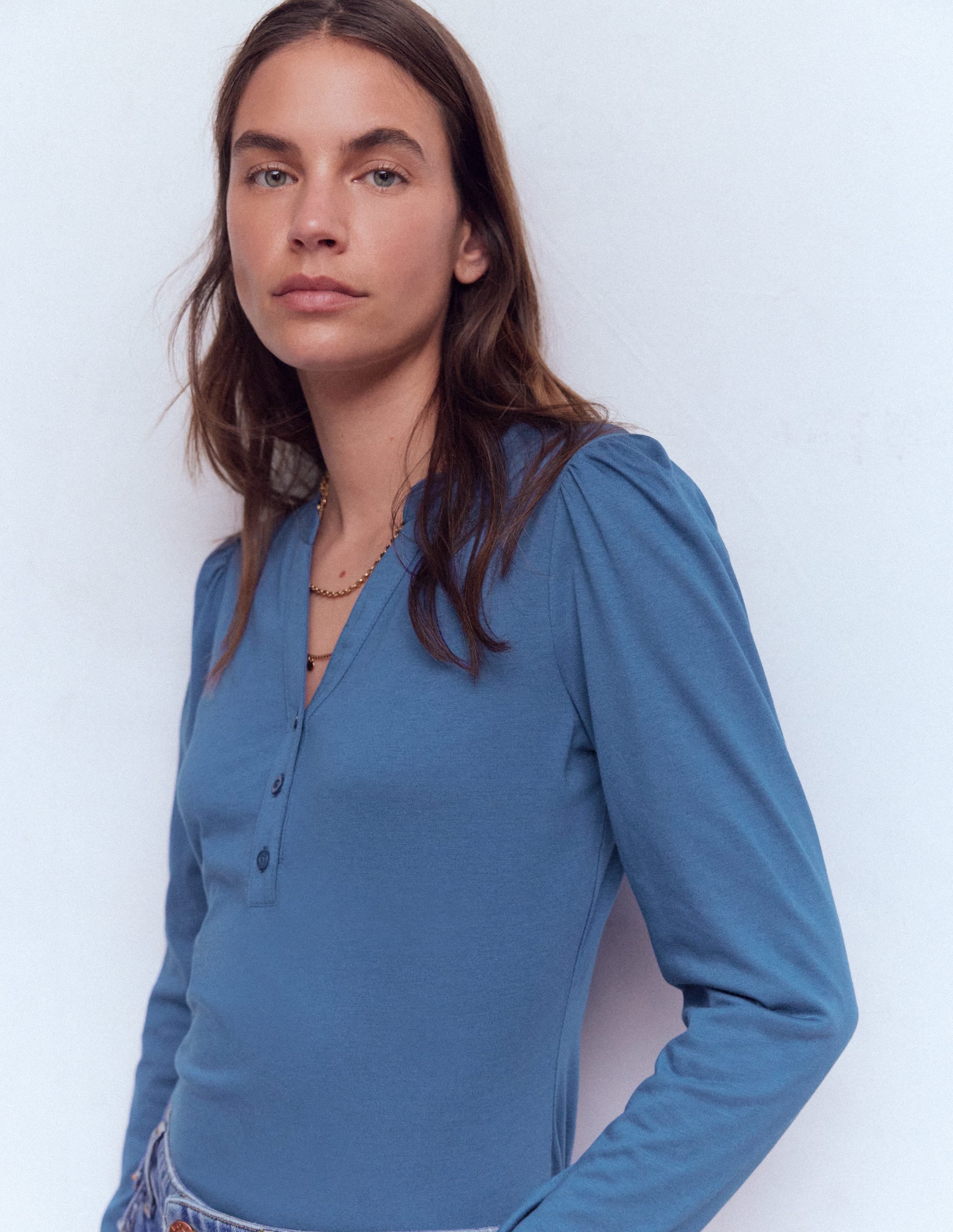 Supersoft Open Neck Henley-Denim Blue - Image 4