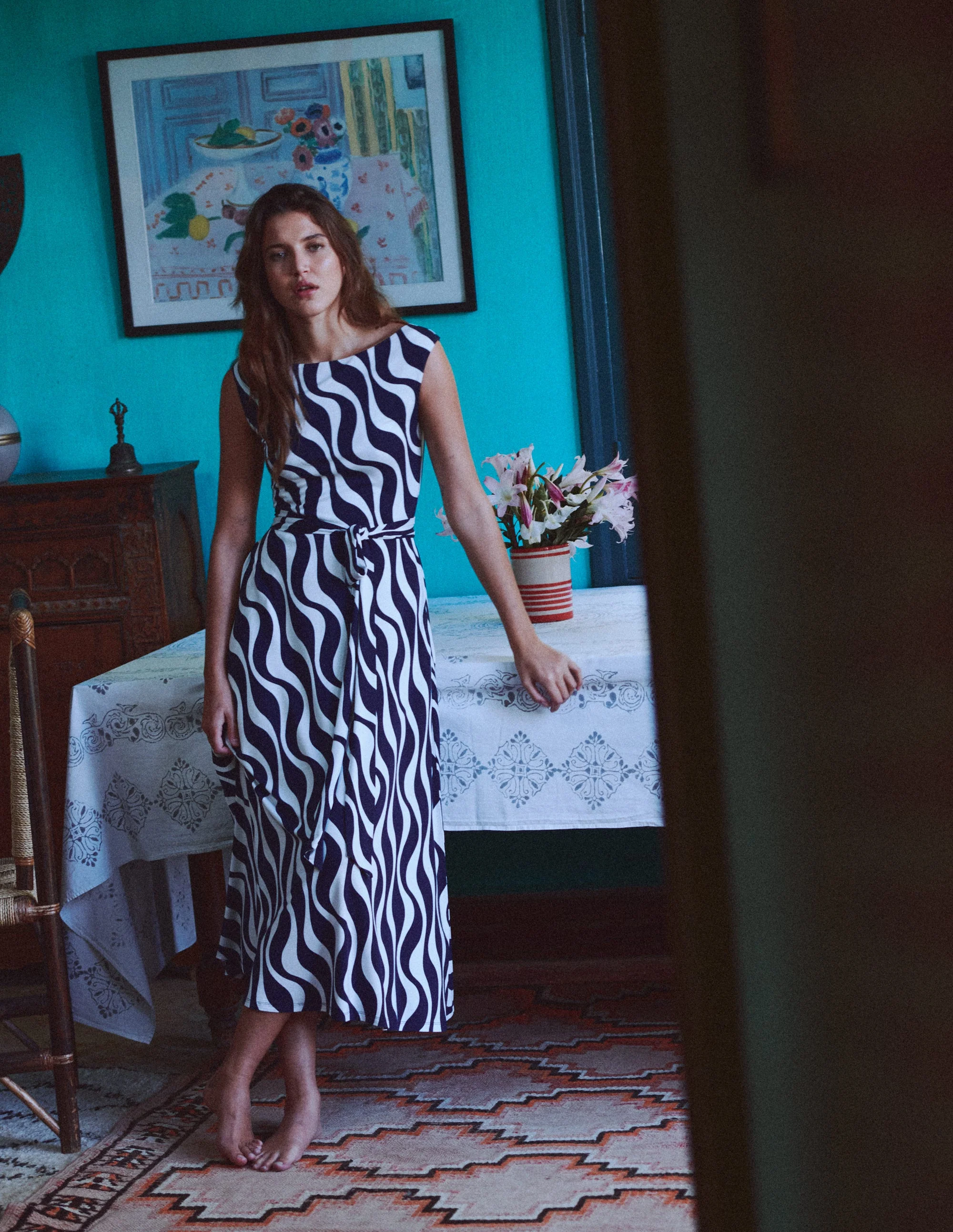 Tamsin Jersey Midi Dress-French Navy, Rhythmic Wave - Image 5