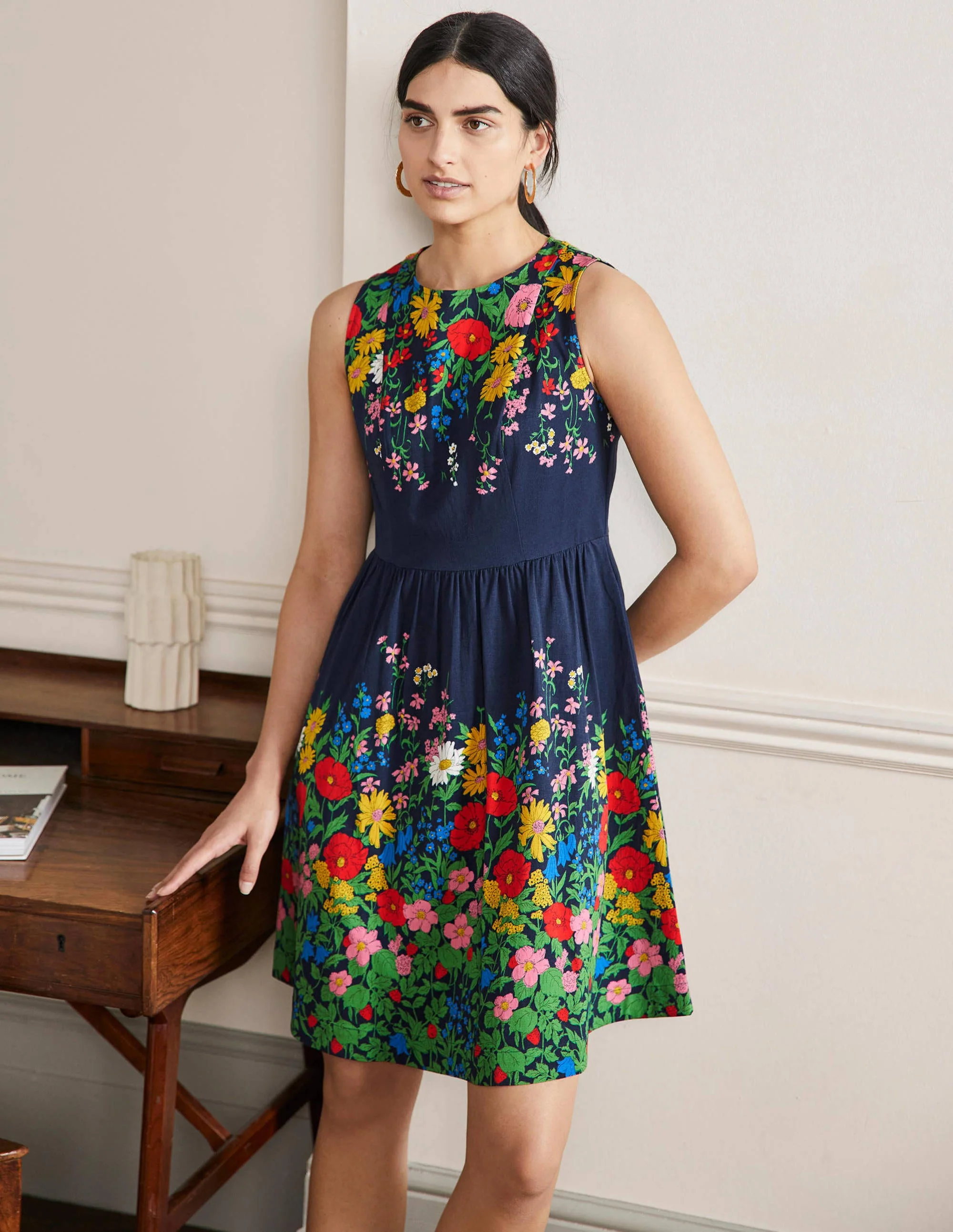 Tara Fit-and-Flare Dress-Navy, Botanical Terrace