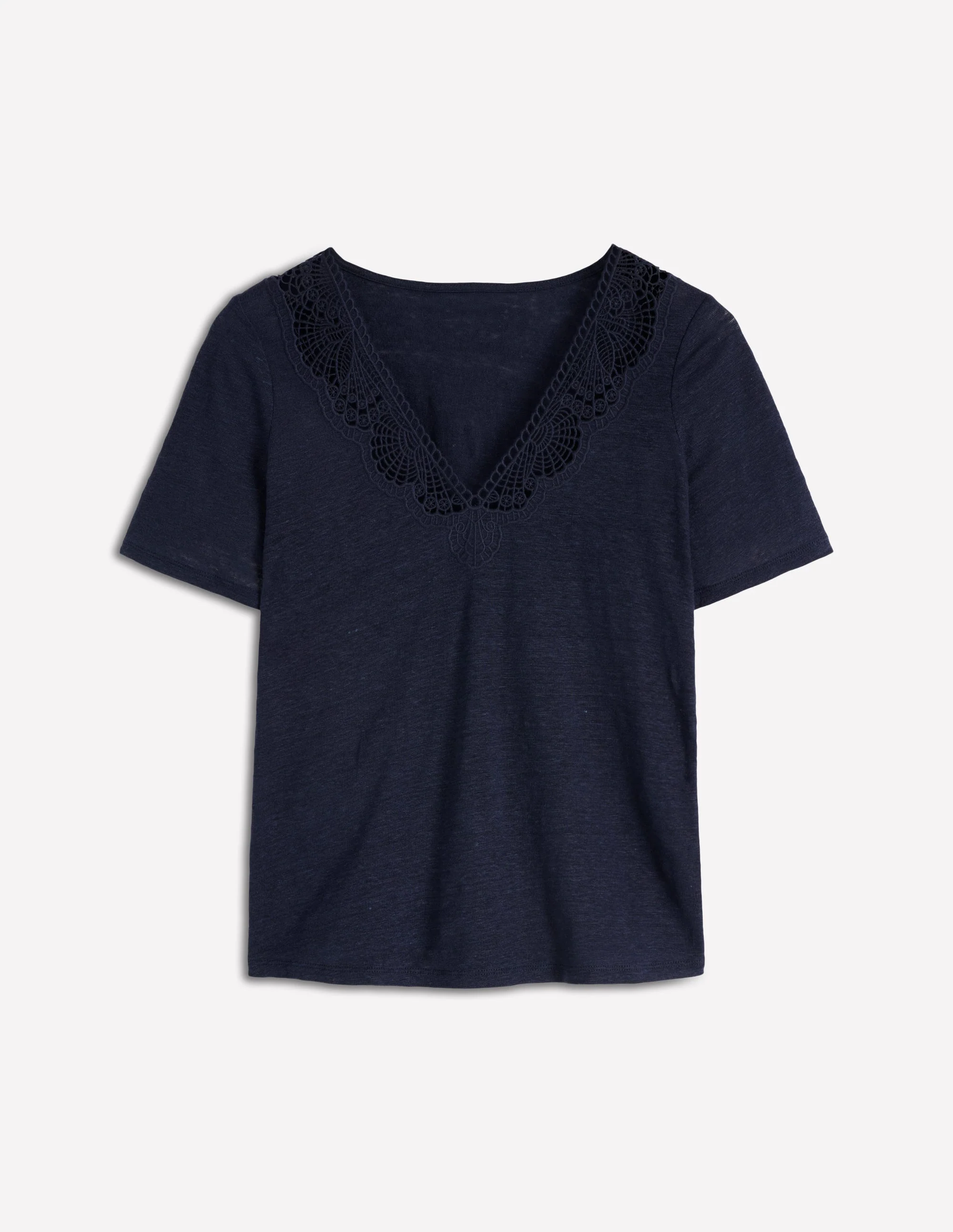 Tara Lace Trim Linen T-shirt-Navy Blazer - Image 6