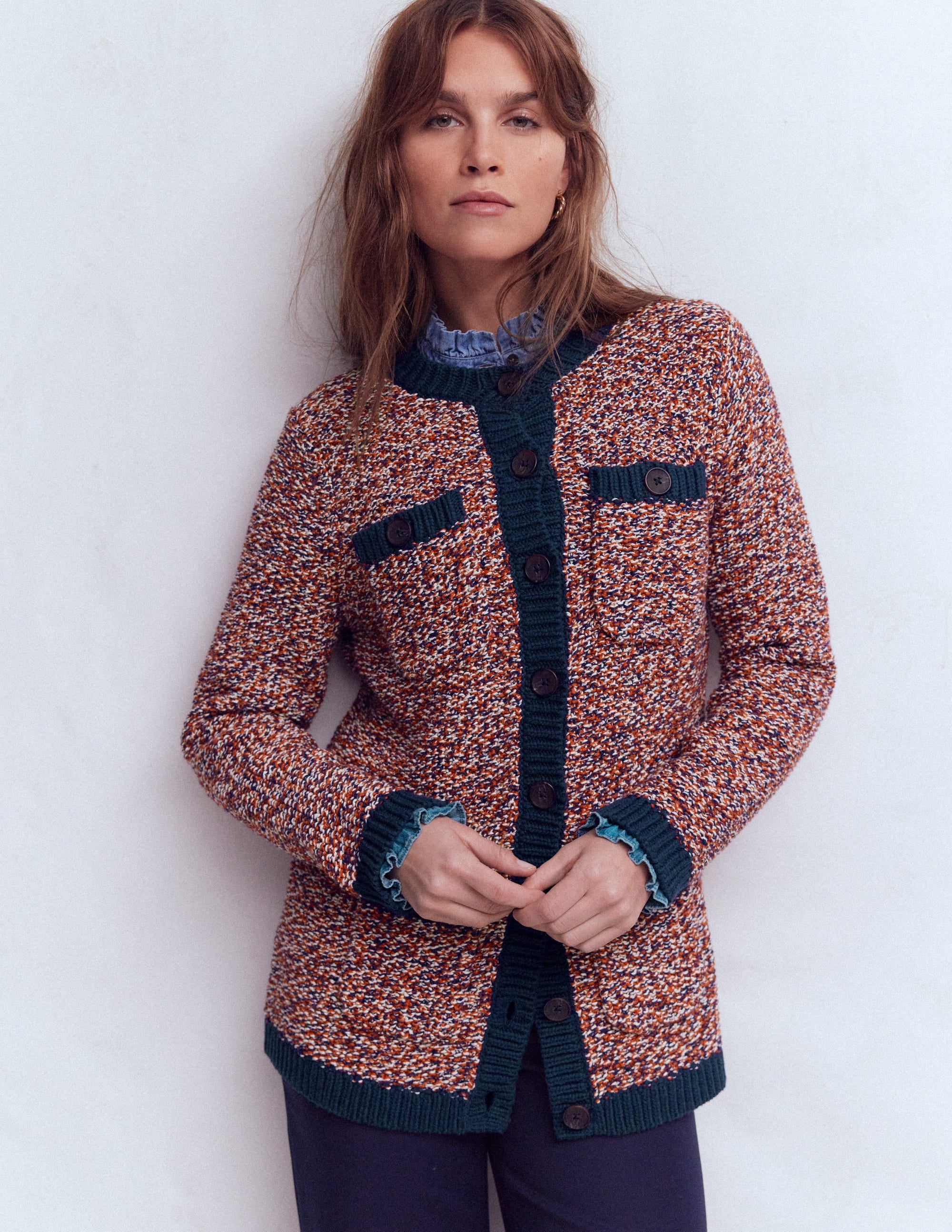 Textured Marl Cardigan-Navy/ Red Marl - Image 5