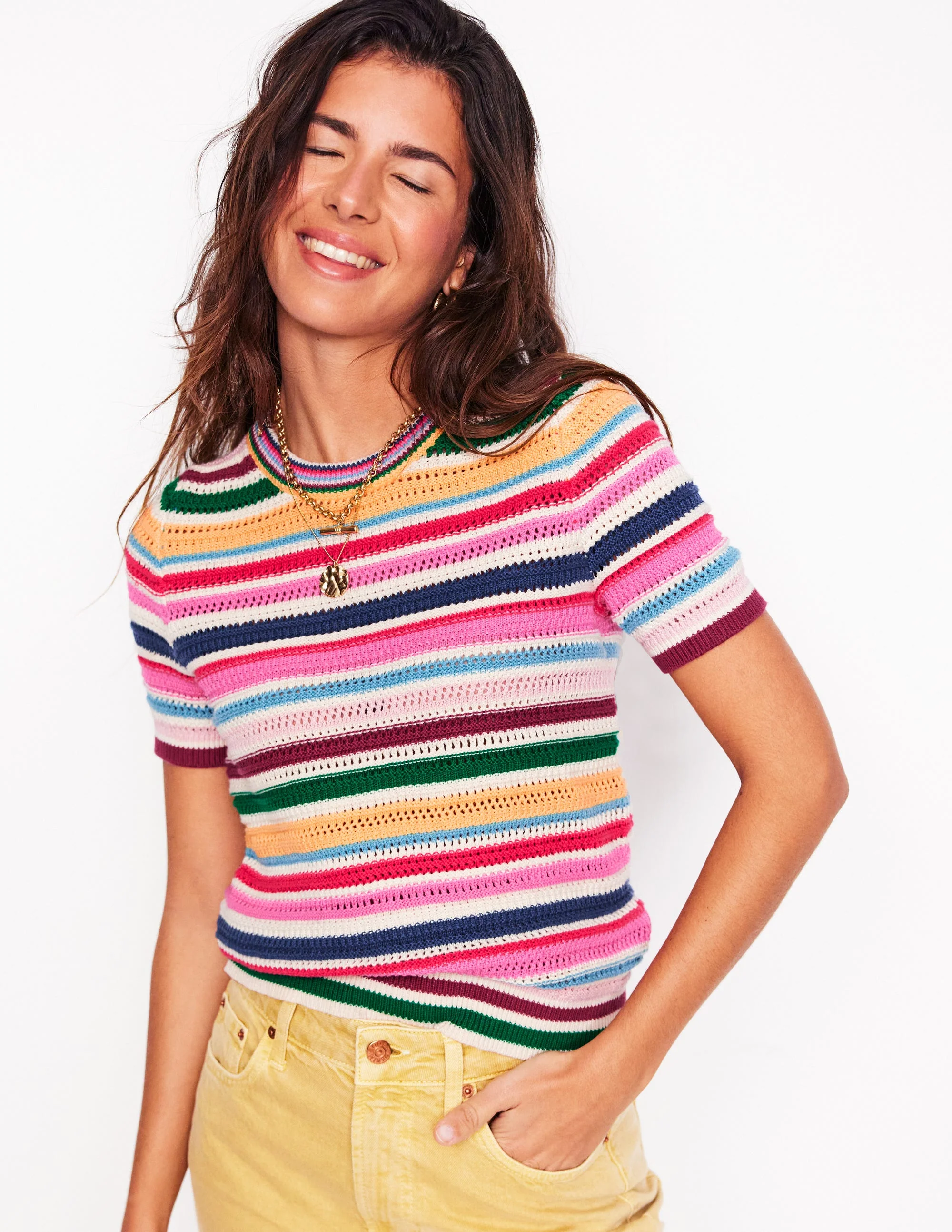 Textured Stitch T-Shirt-Pink Rose, Terracotta Rainbow